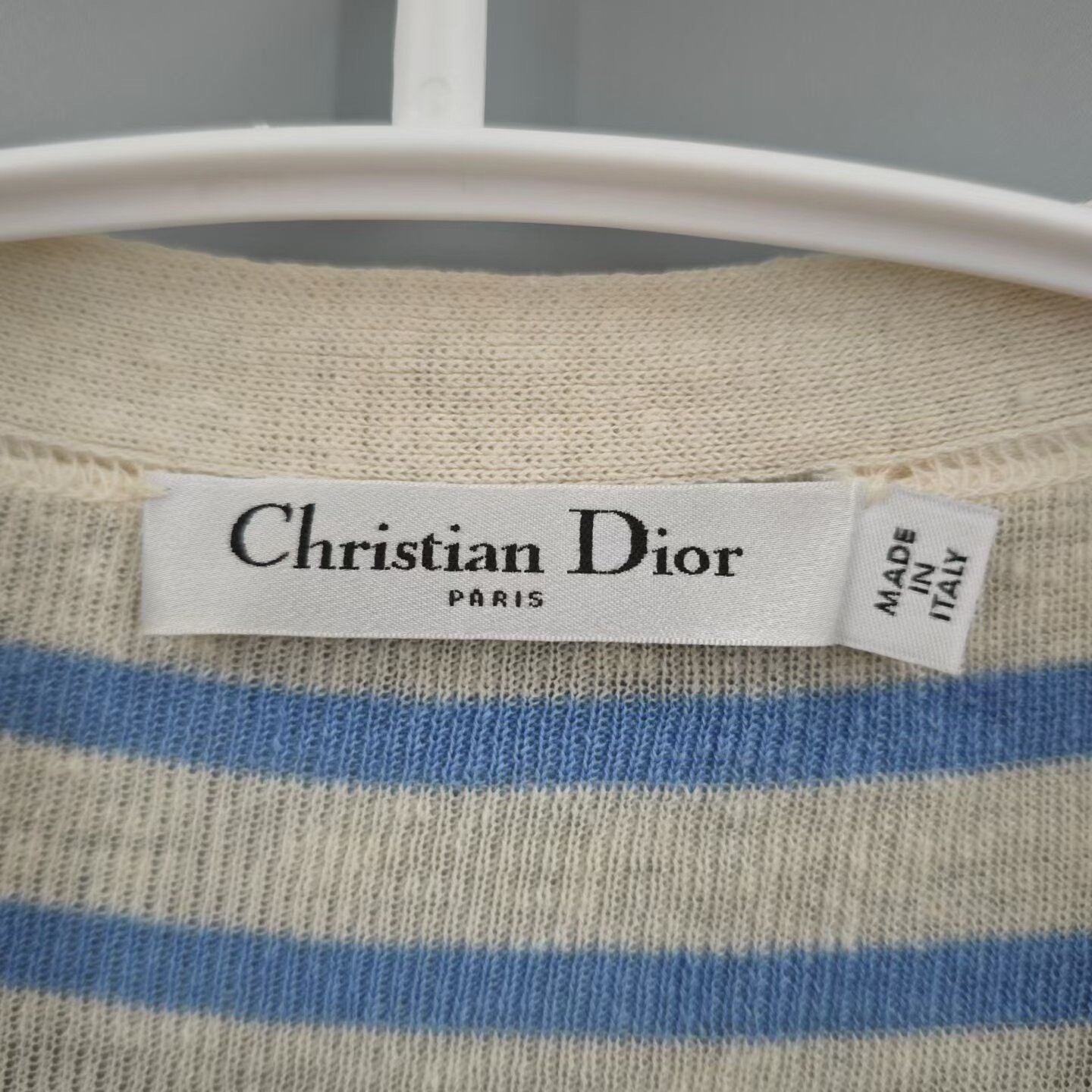Dior Blue White Stripe Gold Button Cardigan — detail