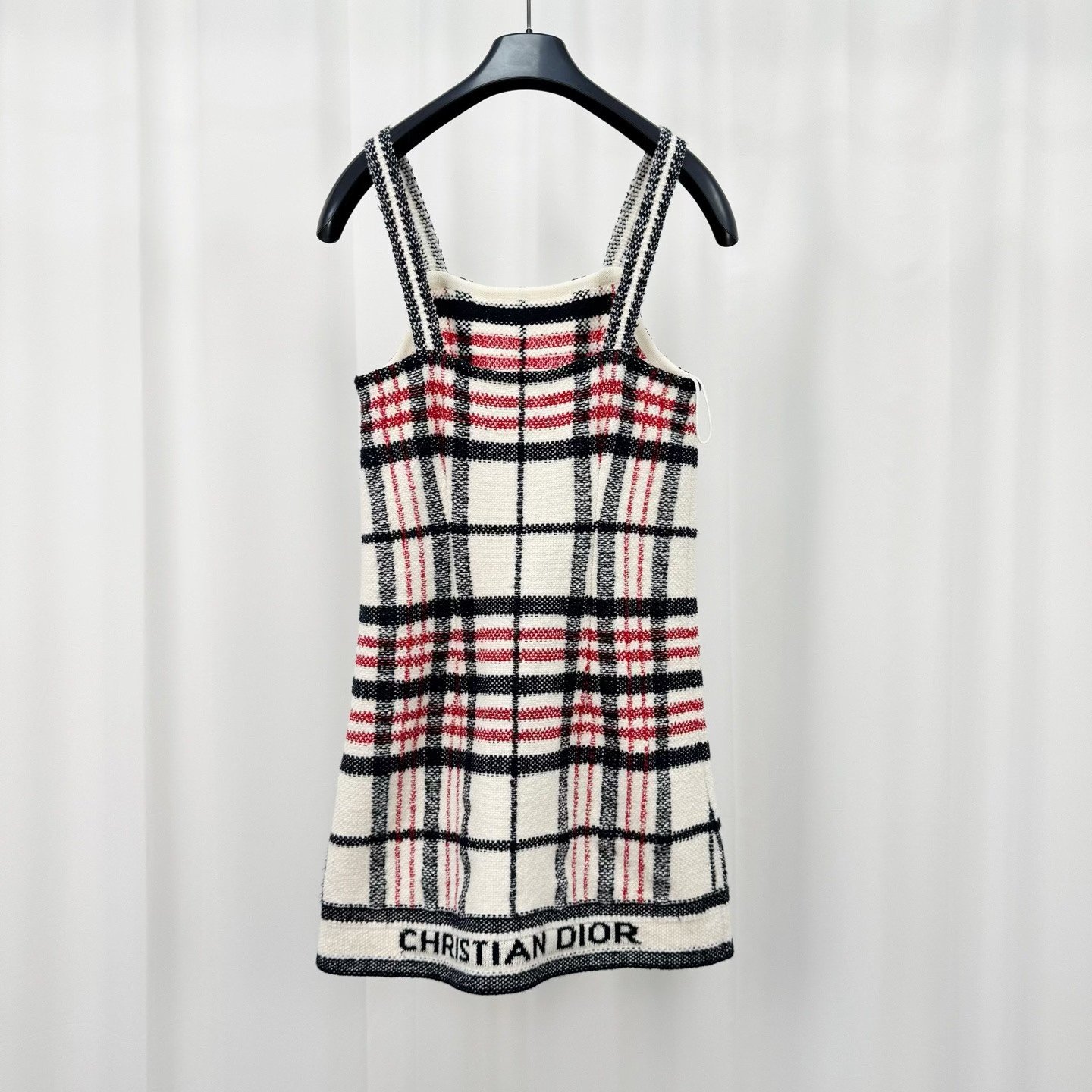 Dior White Red Check Letter Jacquard Knit Slip Dress