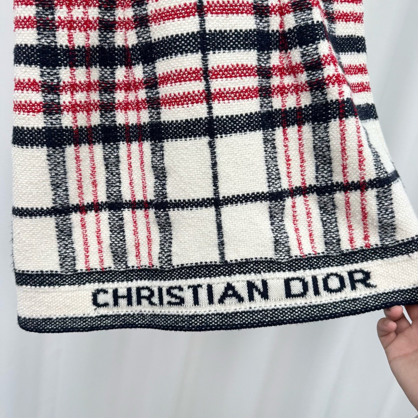 Dior White Red Check Letter Jacquard Knit Slip Dress — label