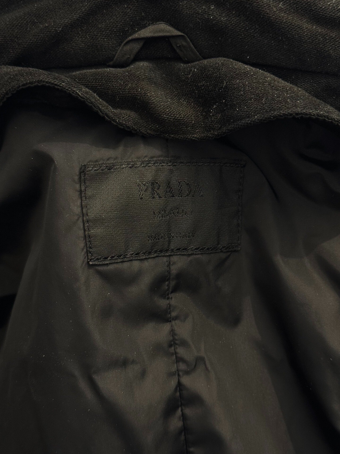 Prada 90s Black Velvet Pea Coat — label
