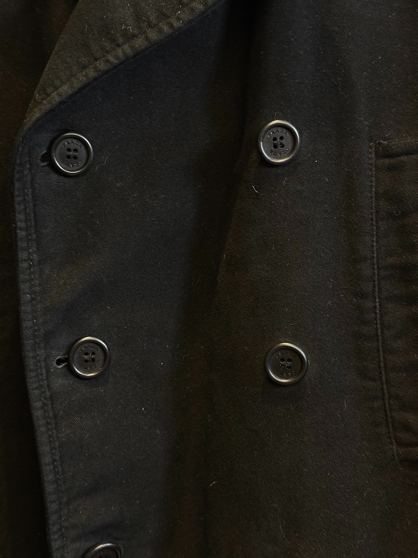 Prada 90s Black Velvet Pea Coat — detail