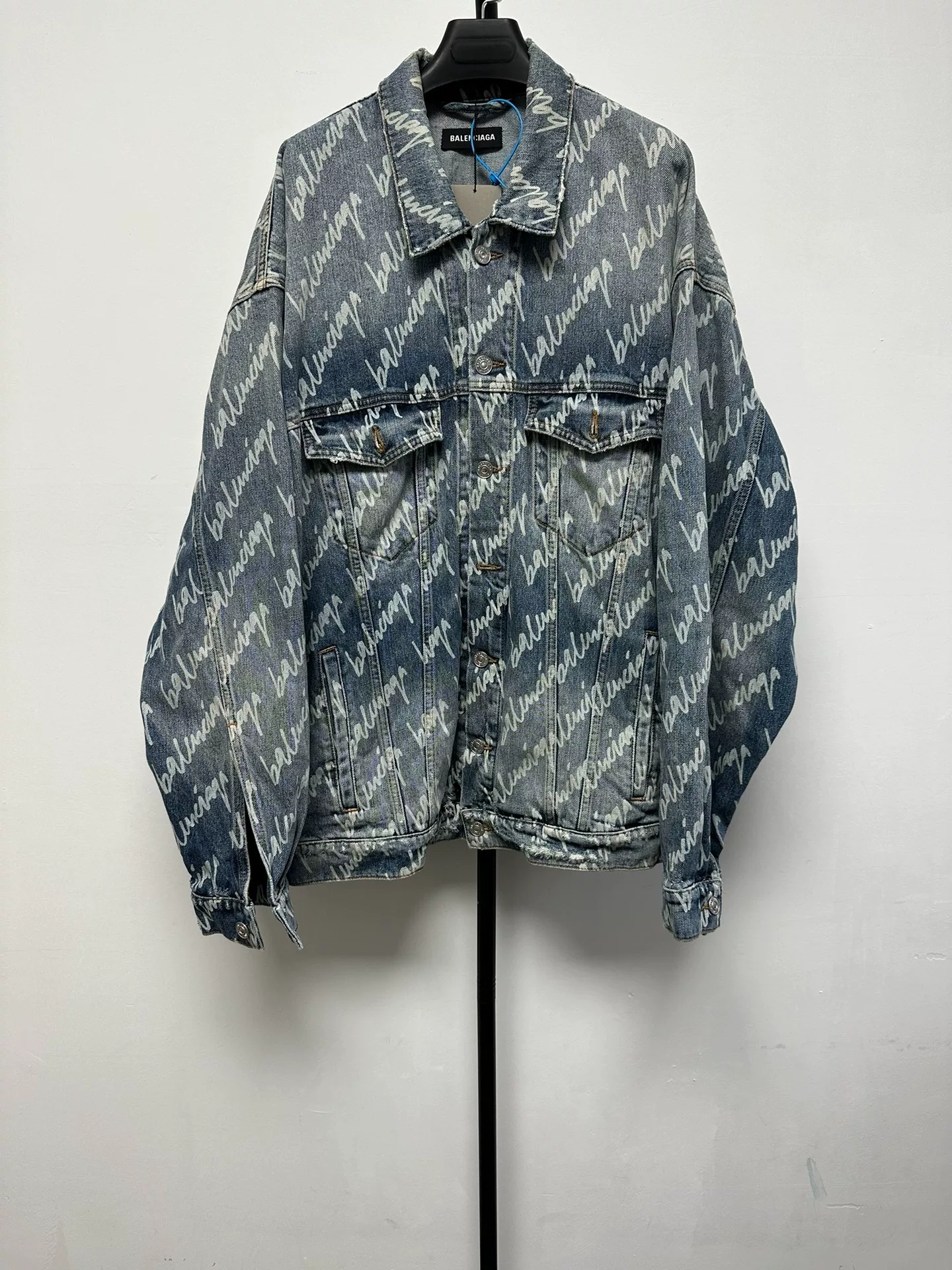 Balenciaga Logo Print Loose Washed Denim Jacket