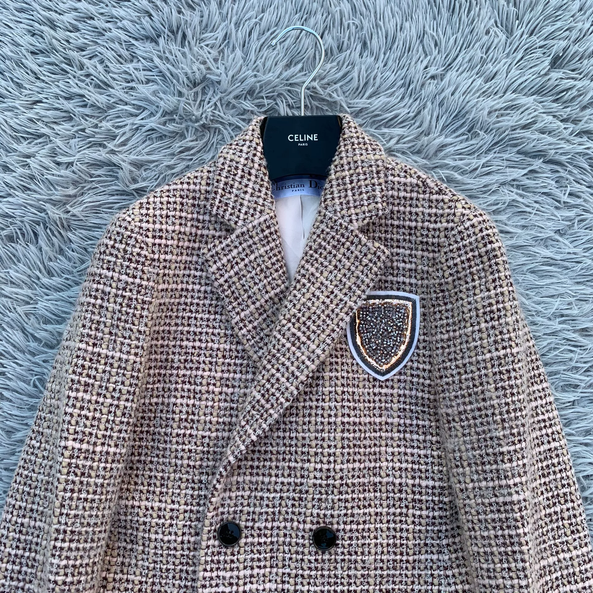 Dior Houndstooth Wool Coat with Badge — detail