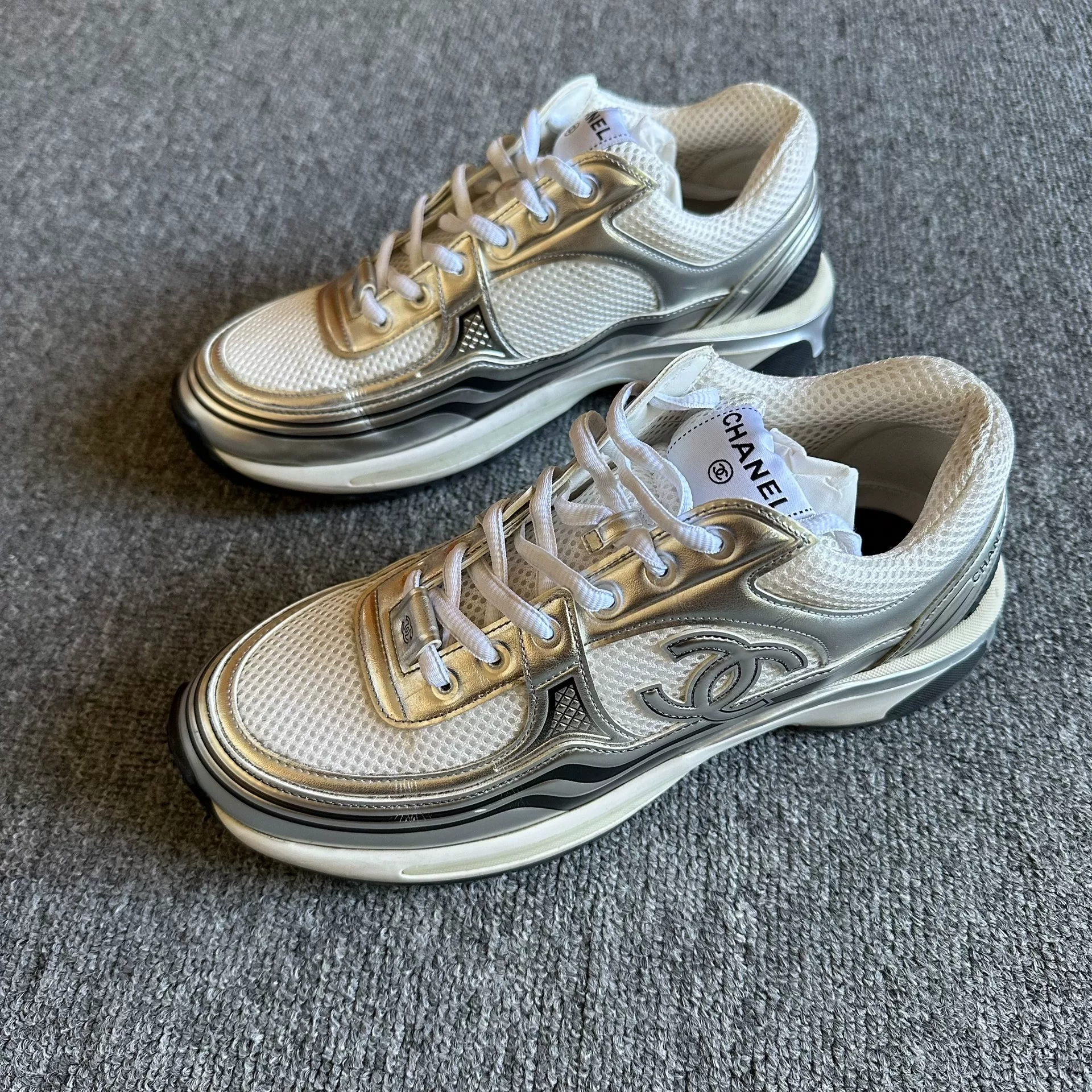 Chanel Silver Gold Accent Sneakers