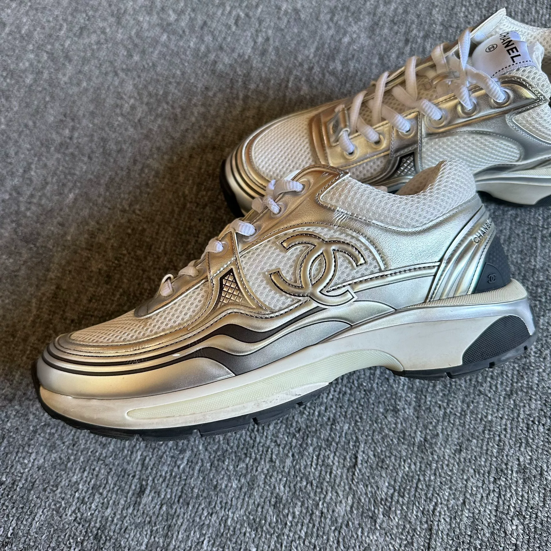 Chanel Silver Gold Accent Sneakers — front