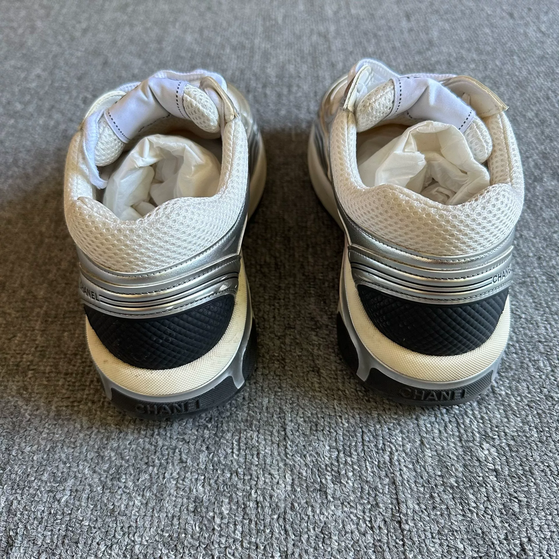 Chanel Silver Gold Accent Sneakers — back