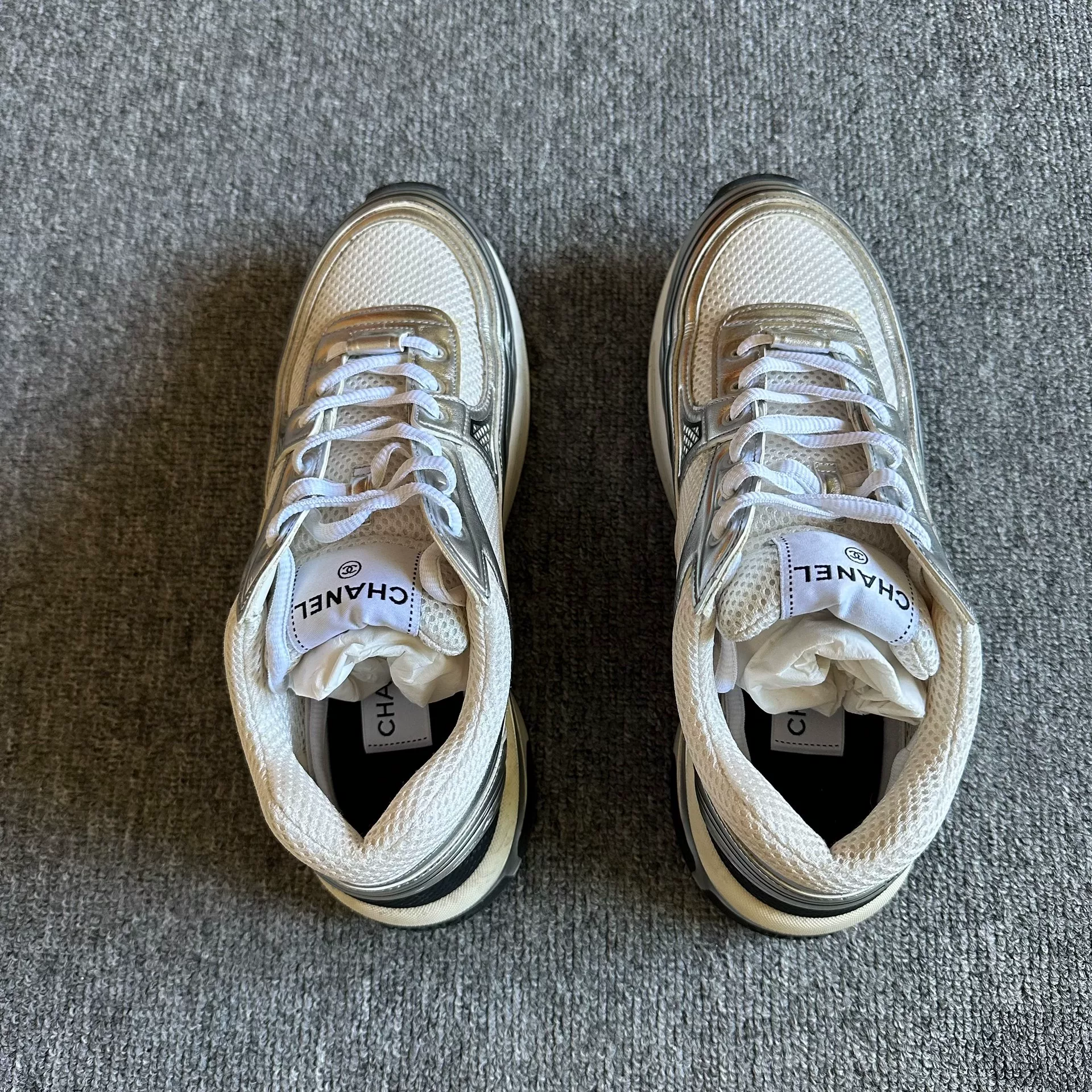 Chanel Silver Gold Accent Sneakers — detail