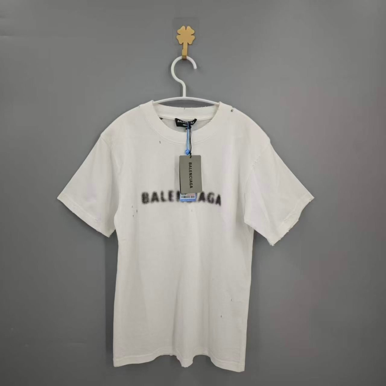 Balenciaga White Blurred Letter Distressed Tee