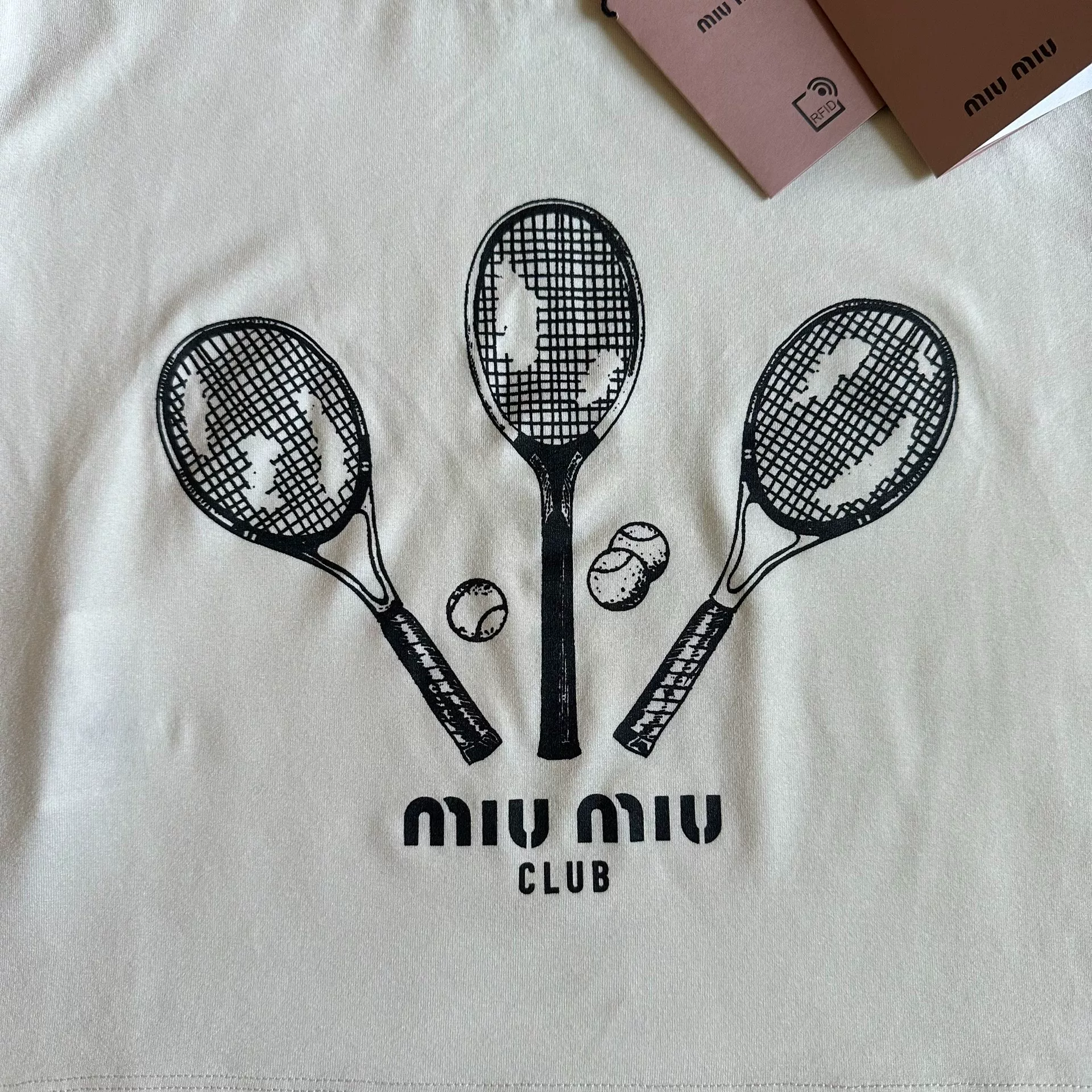 Miu Miu Beige Tennis Racket T-Shirt — front