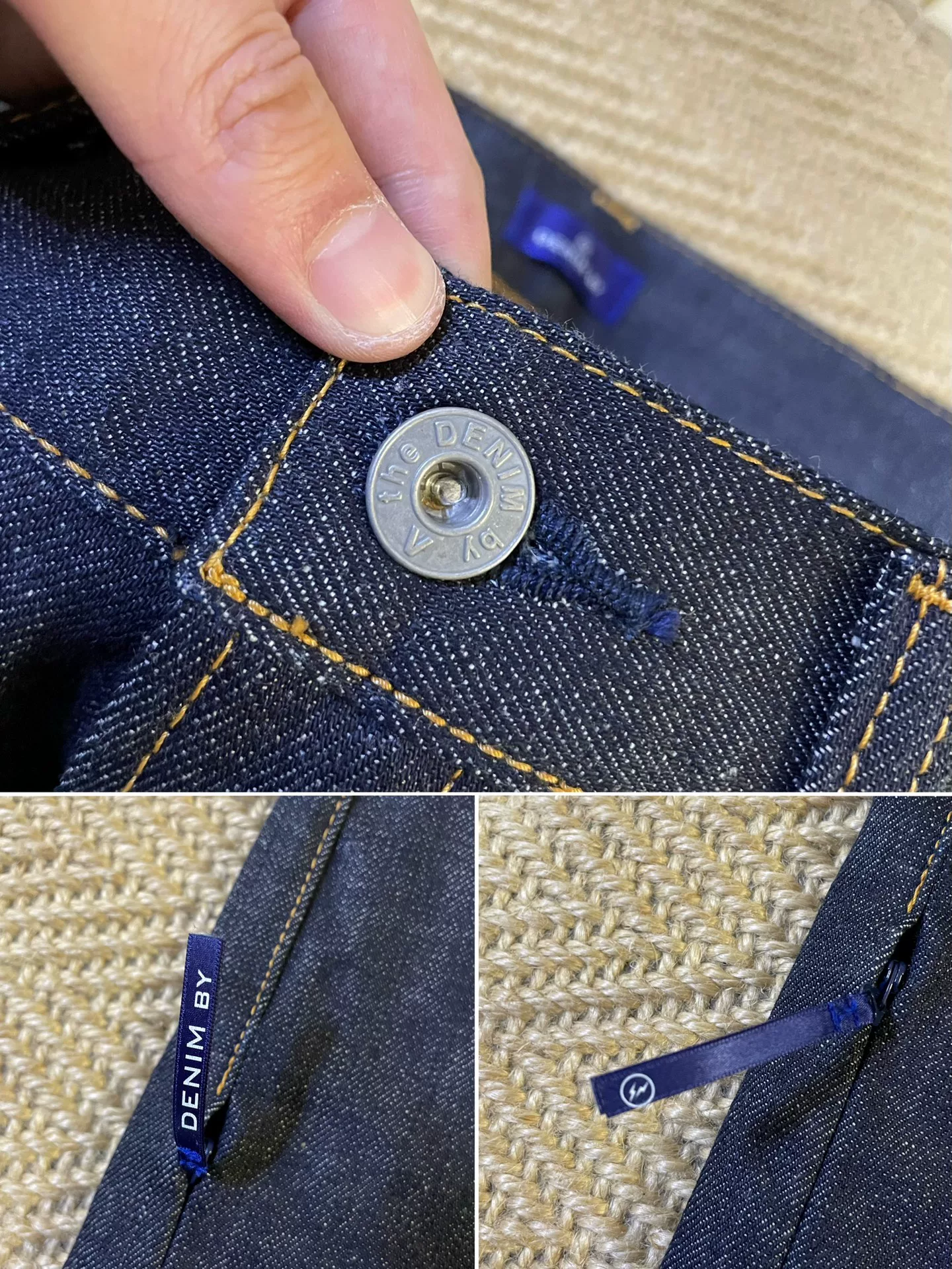 Denim by Vanquish & Fragment Orange Flash Unwashed Raw Jeans — label