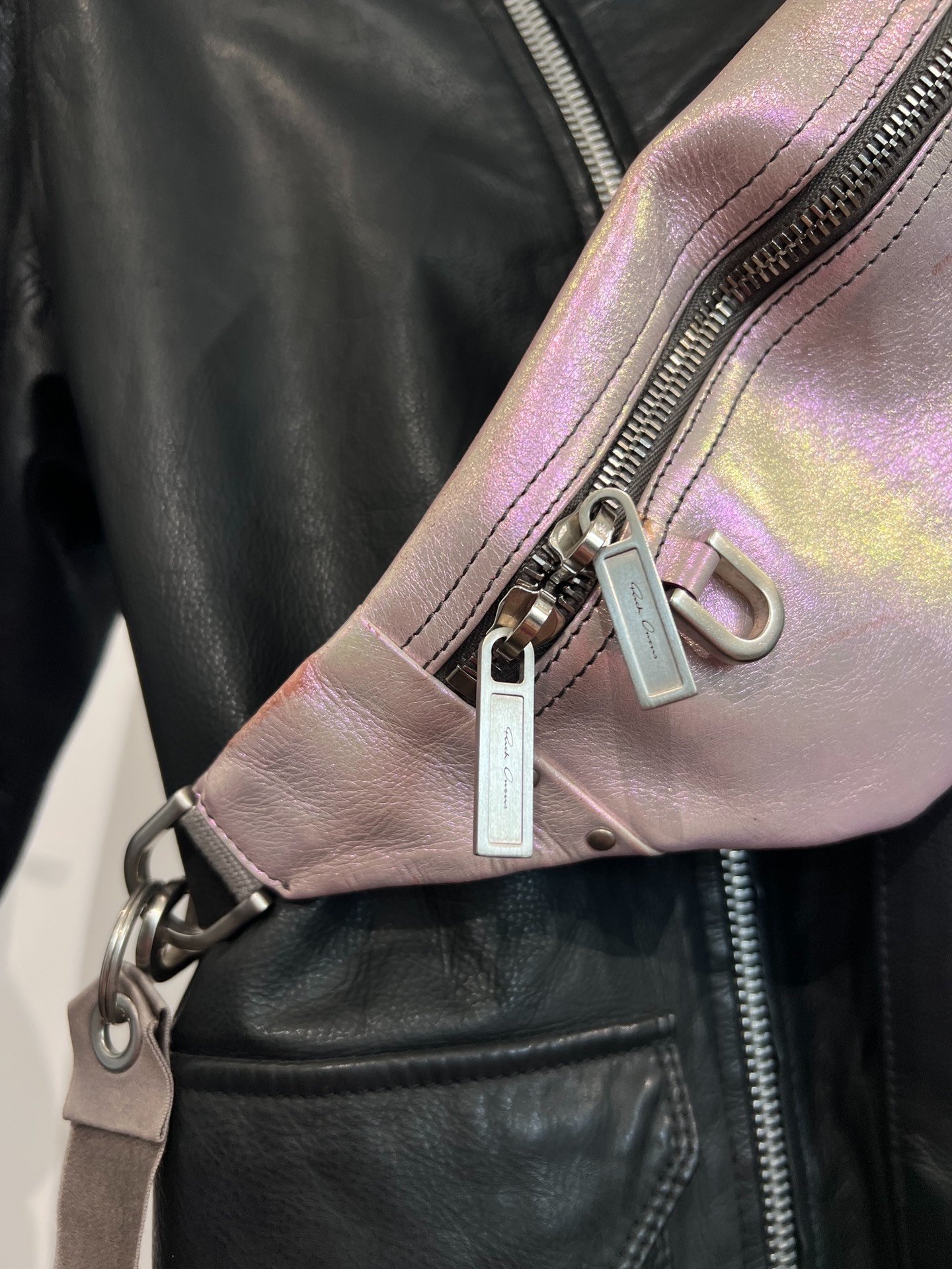 Rick Owens Iridescent Pink Crossbody Bag — label