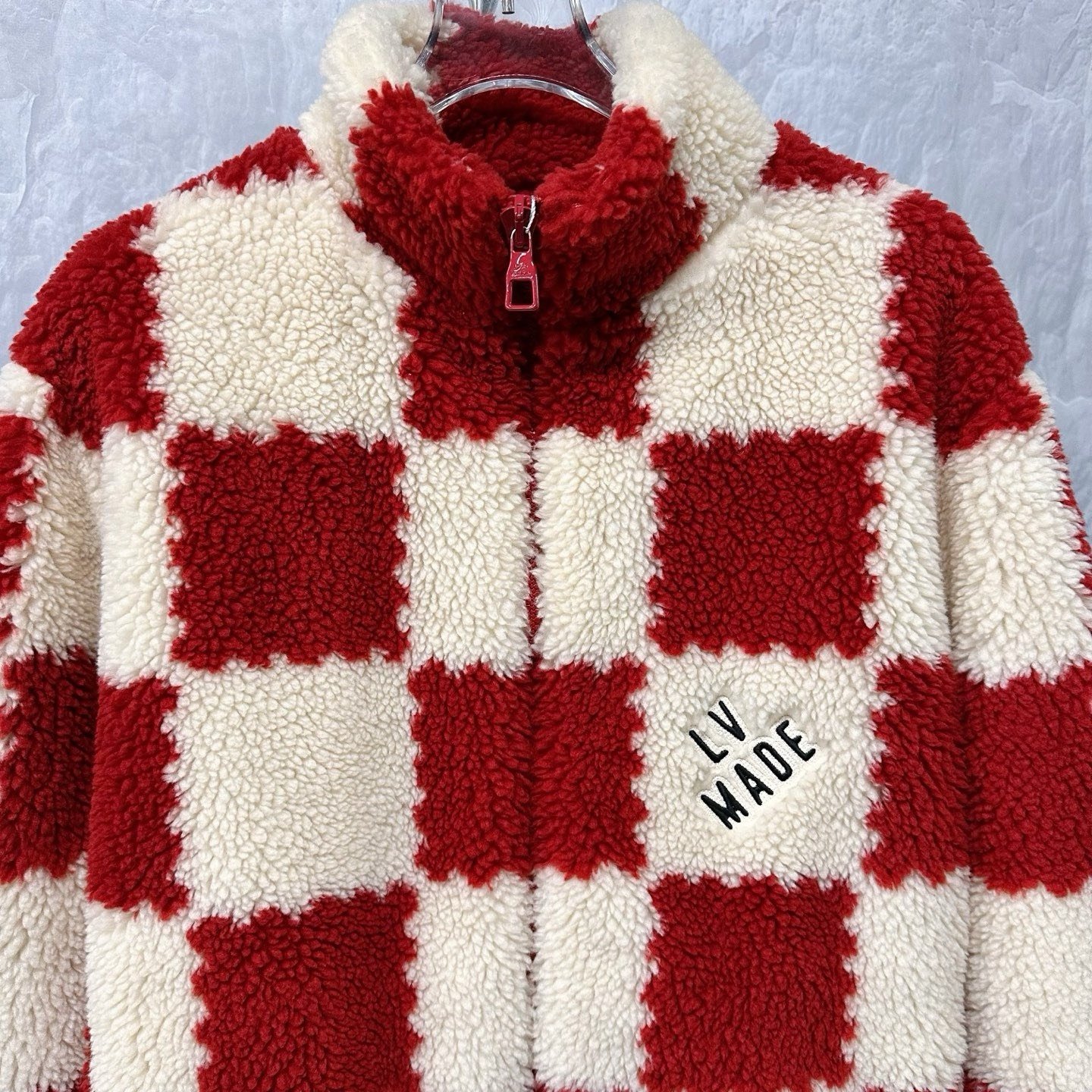 Louis Vuitton Nigo Red White Check Teddy Coat — front