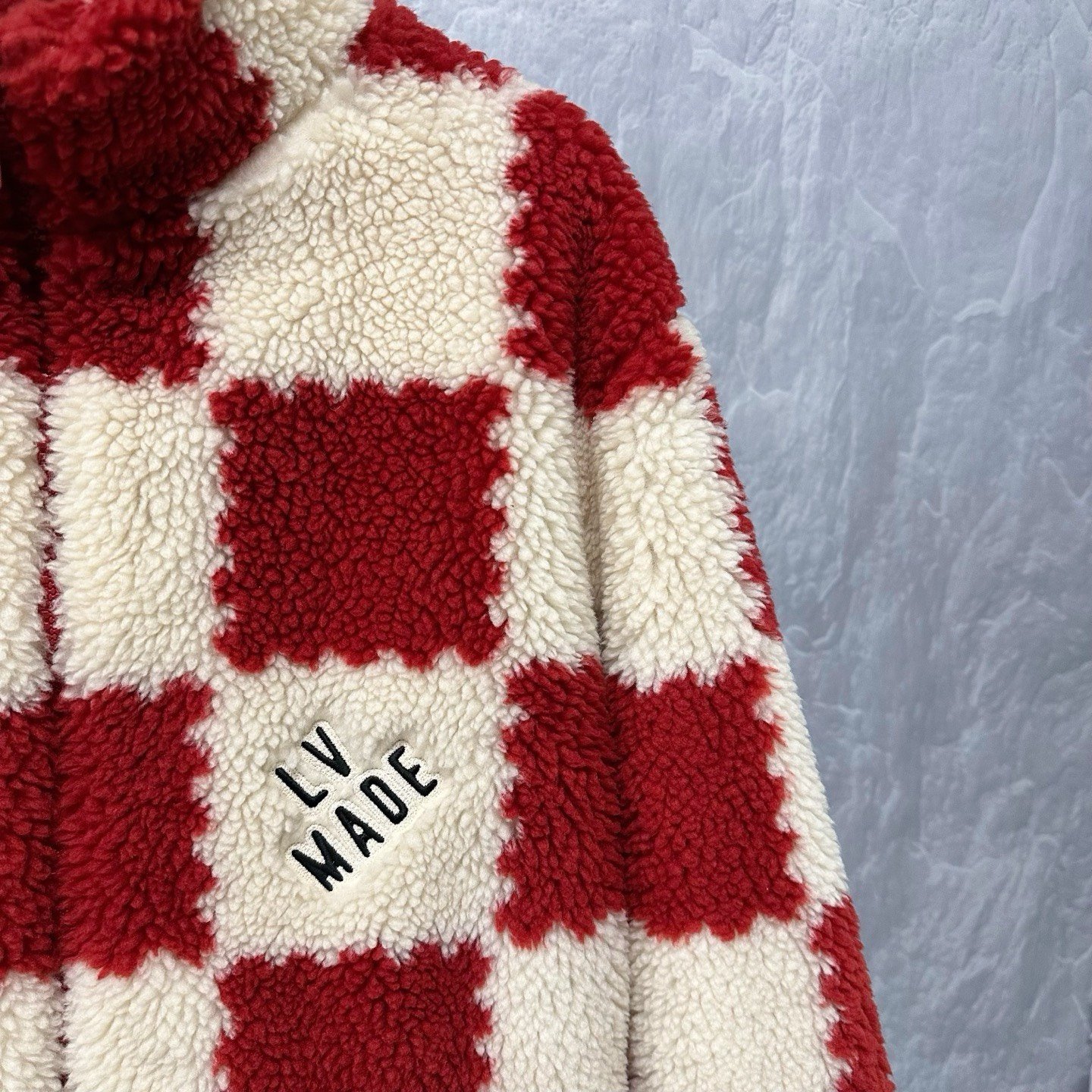 Louis Vuitton Nigo Red White Check Teddy Coat — detail