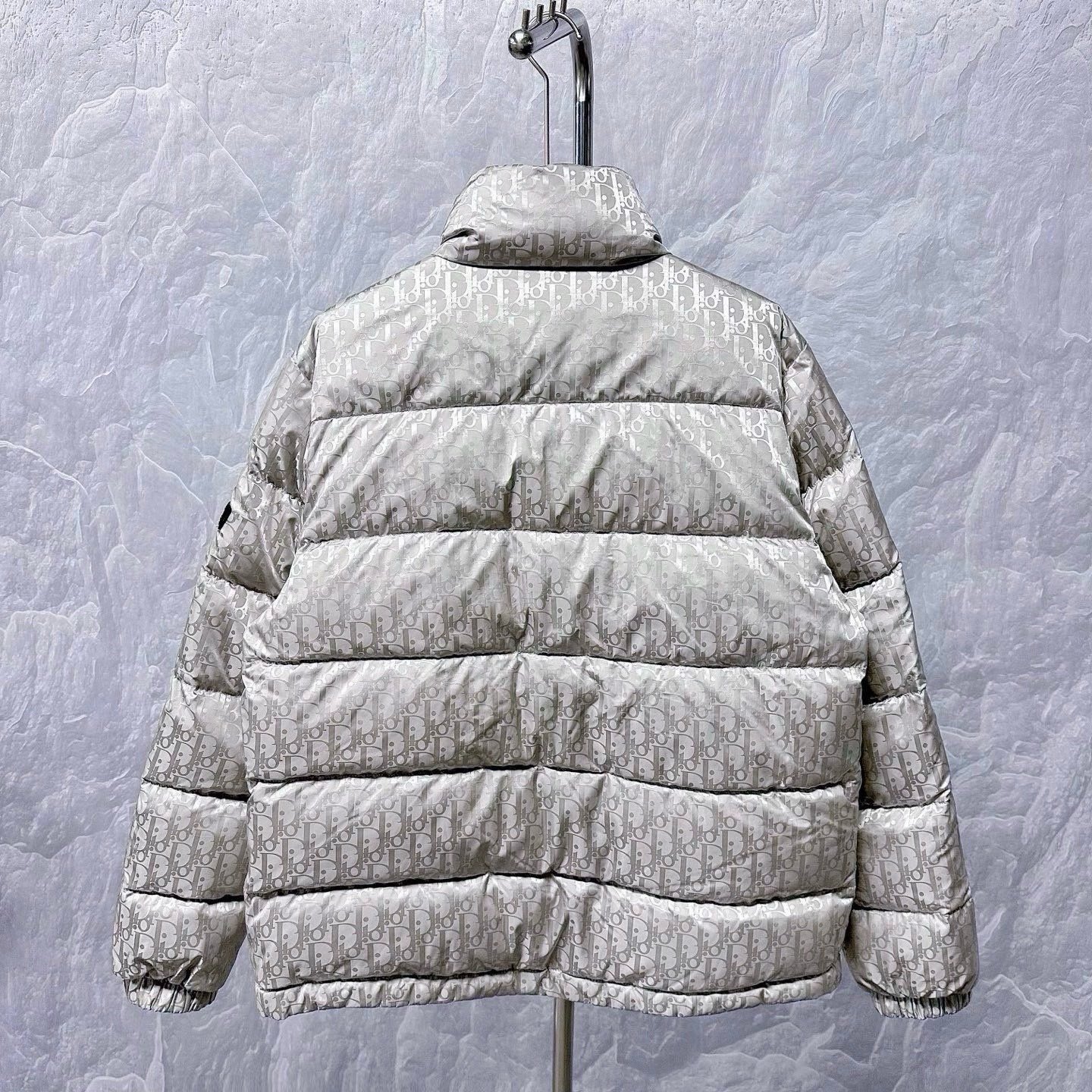 Dior Stand-Collar All-Over Logo Down Jacket — label