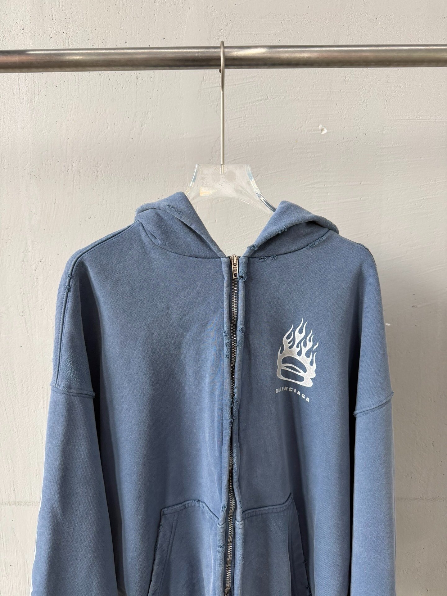 Balenciaga Haze Blue Flame Zip Hoodie — front
