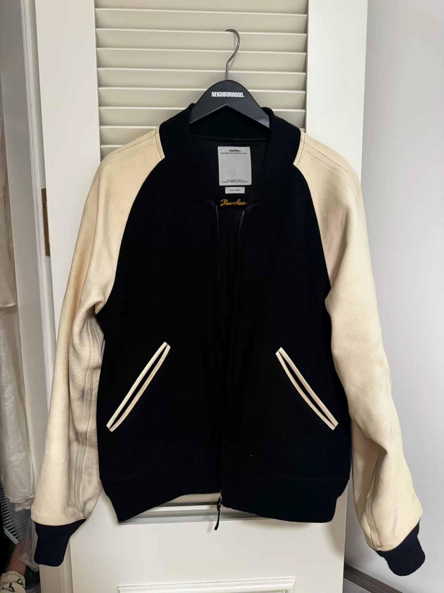 VISVIM Varsity Tweed Camel Leather Jacket — front