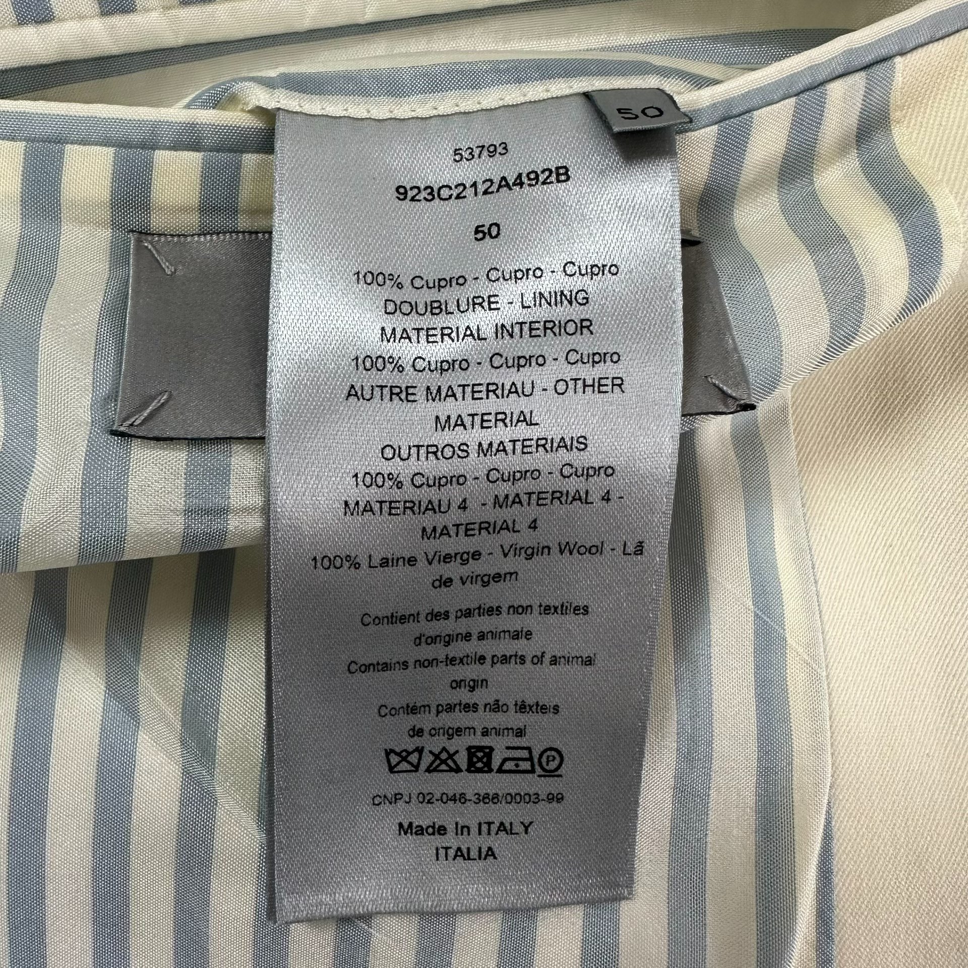 Dior Men 19SS Inside-Out Stripe Suit — label