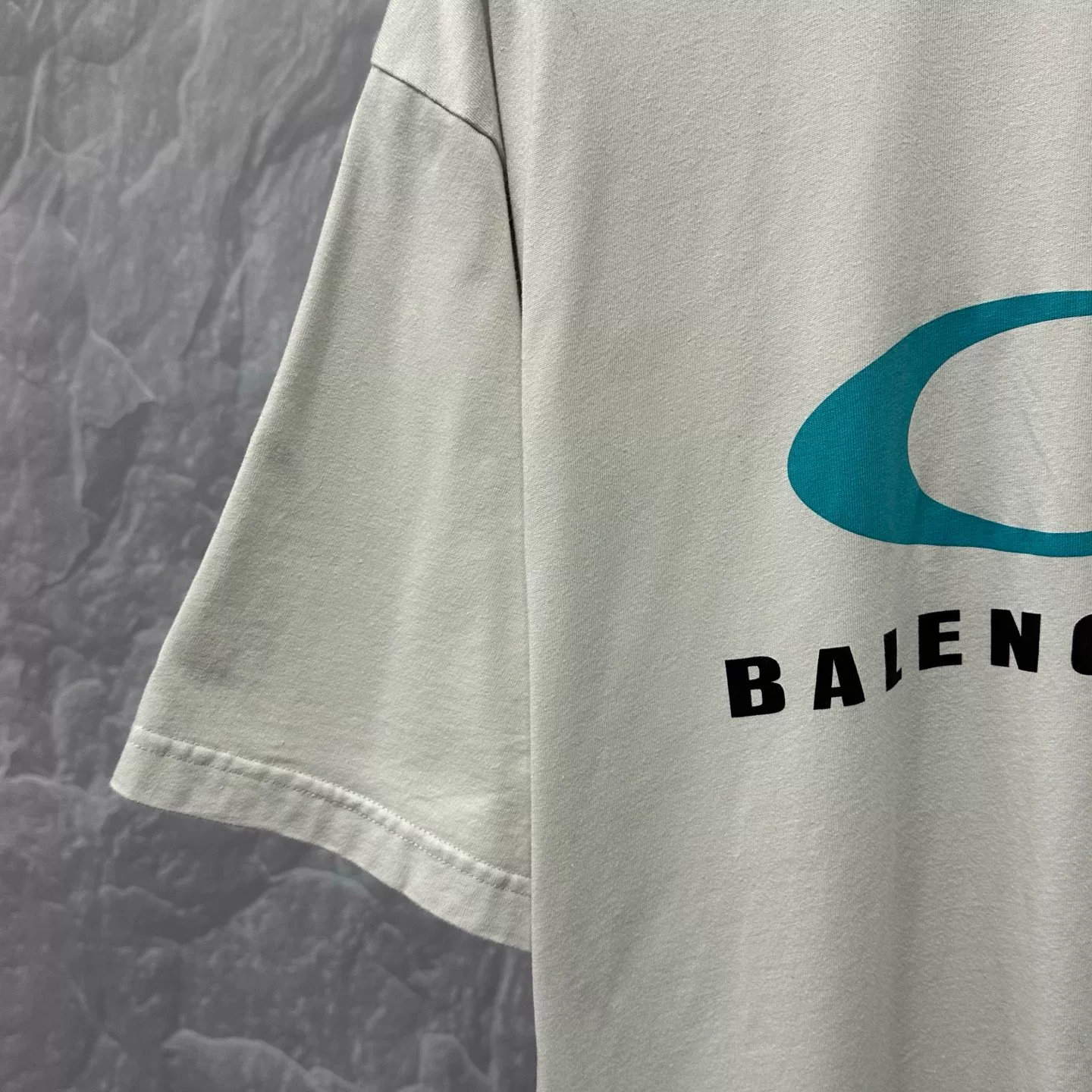 Balenciaga SS24 Distressed Blue Wave Print Tee — detail