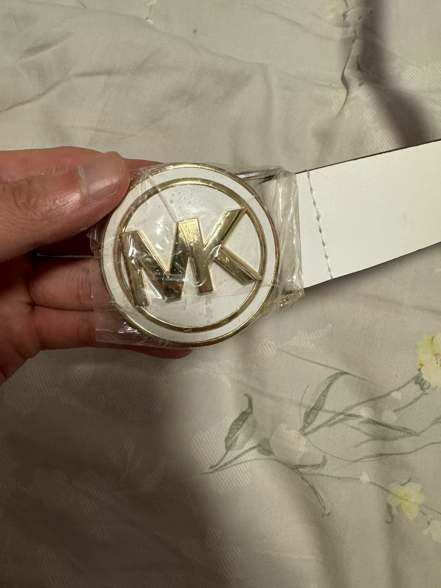 Michael Kors MK Gold Logo White Leather Belt — front