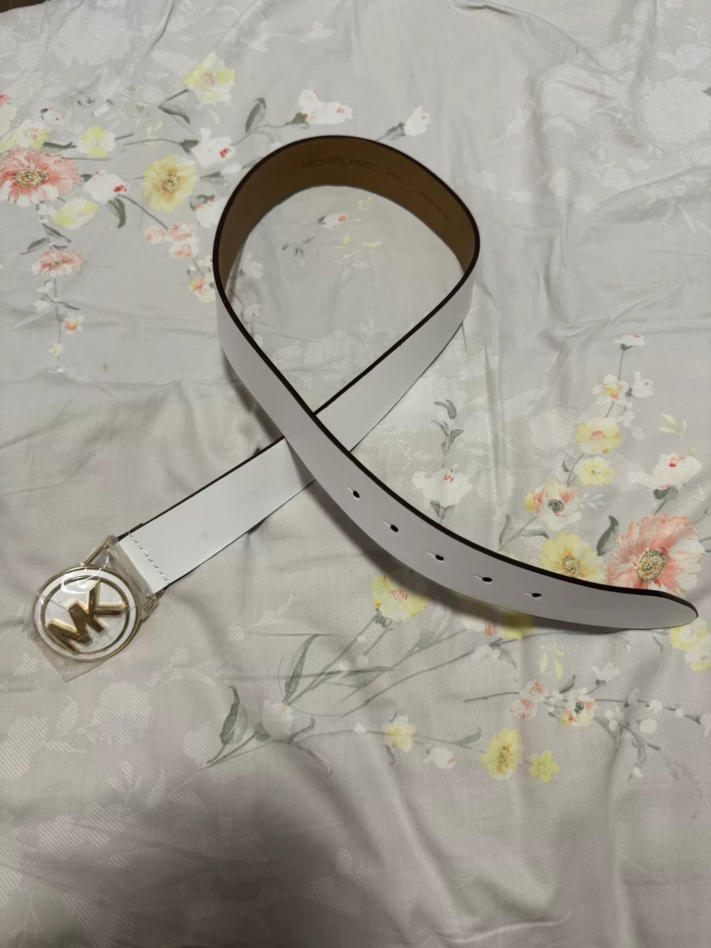 Michael Kors MK Gold Logo White Leather Belt