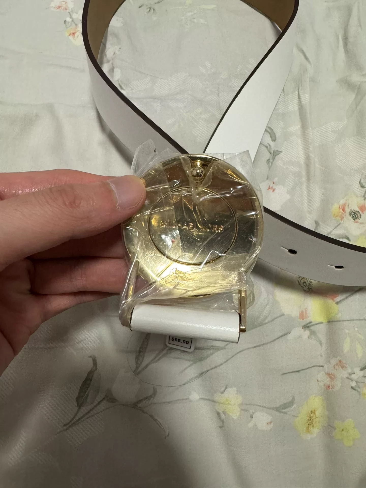 Michael Kors MK Gold Logo White Leather Belt — detail