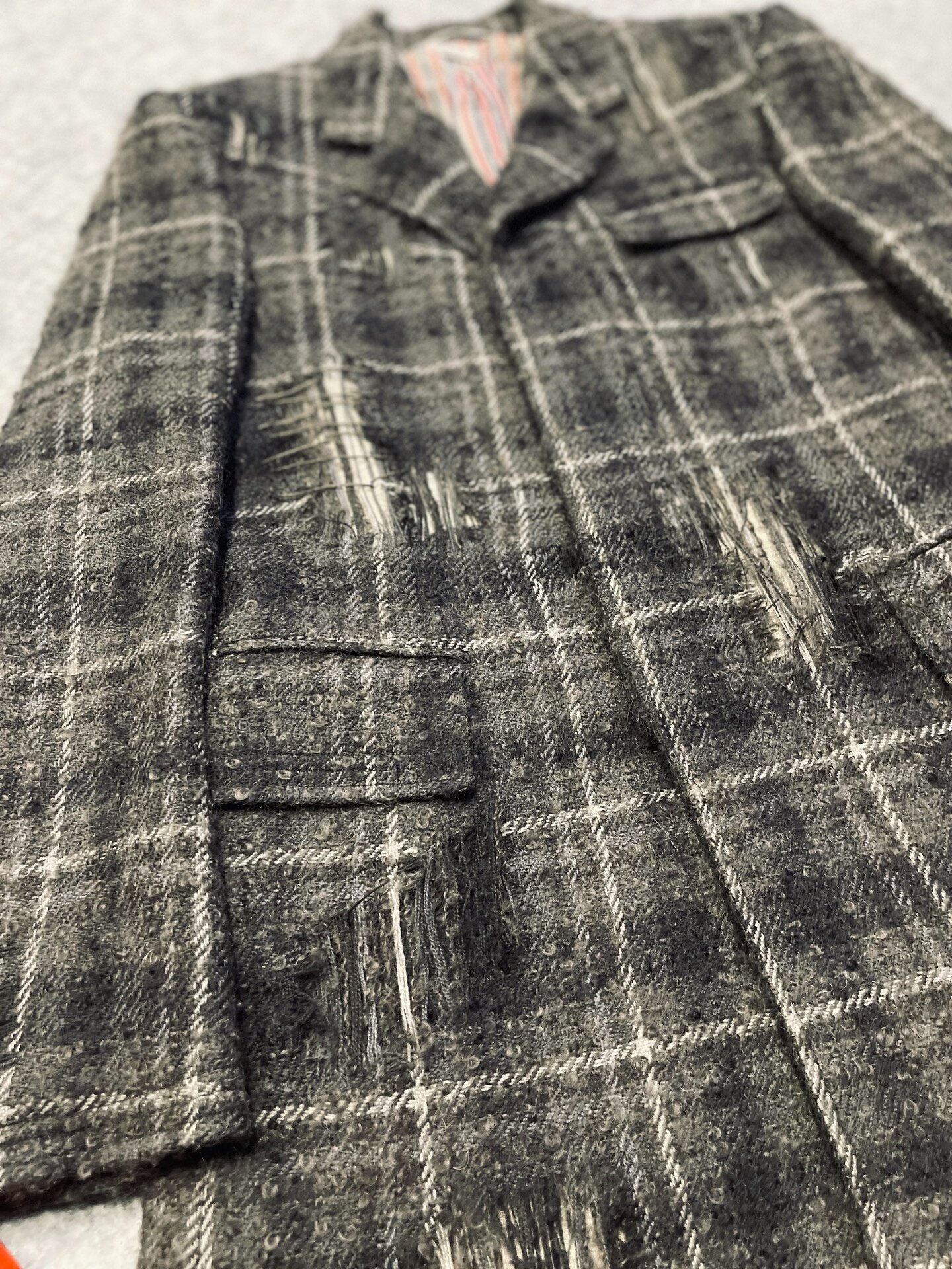 Thom Browne 16FW Distressed Wool Coat — detail