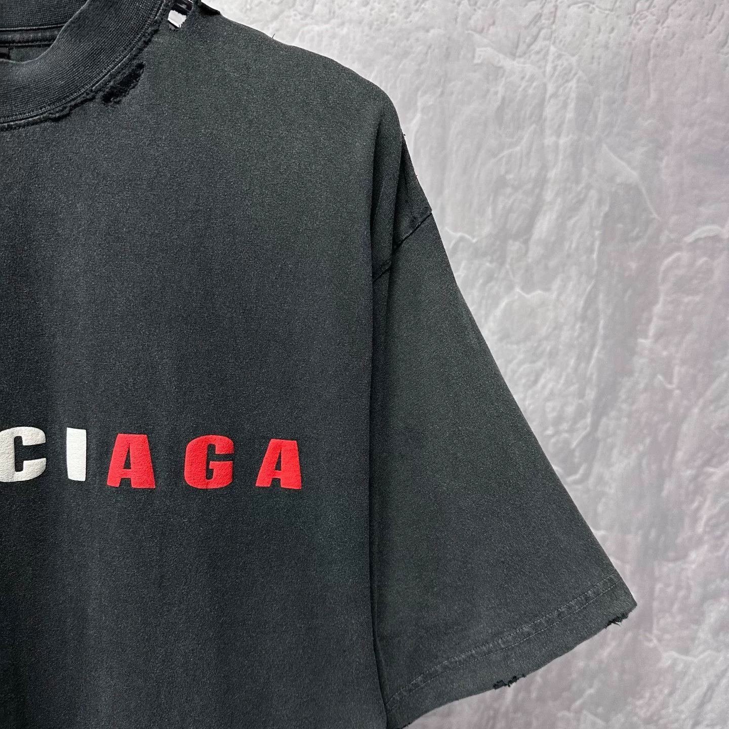 Balenciaga SS24 Colorblock Logo Distressed Tee — detail