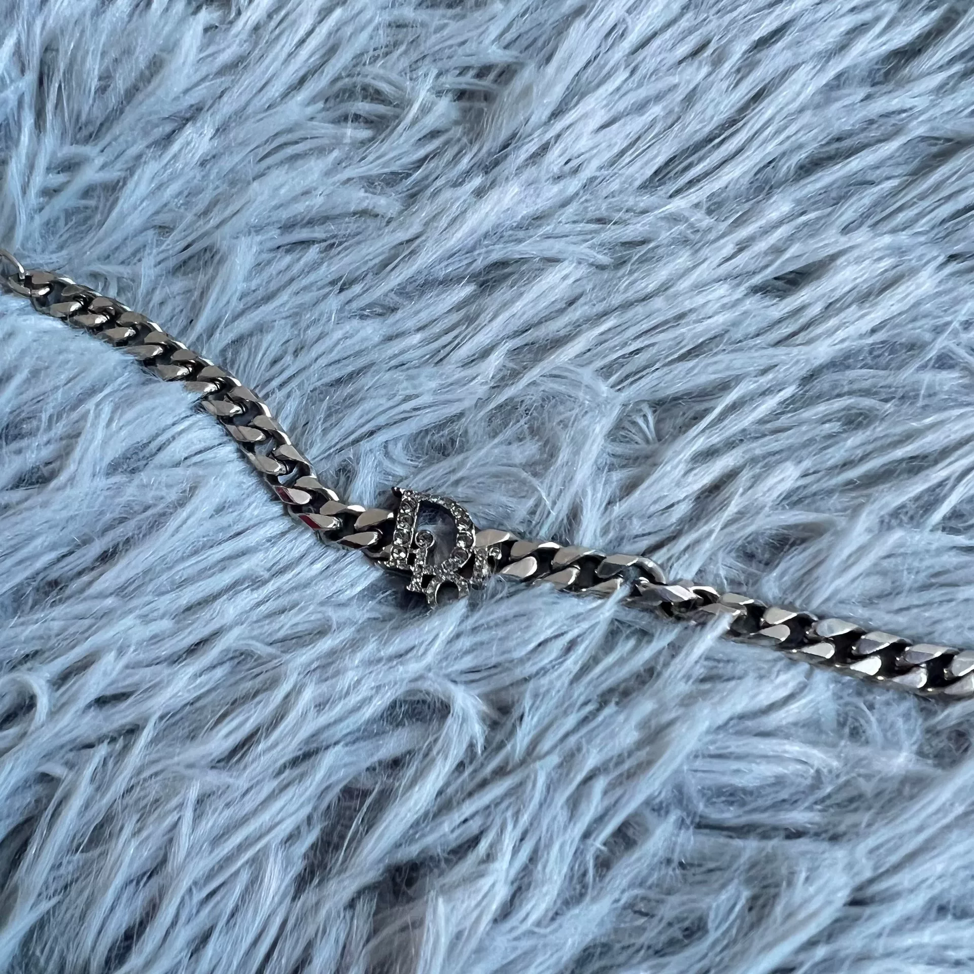 Dior Silver Rhinestone 'D' Charm Bracelet — front