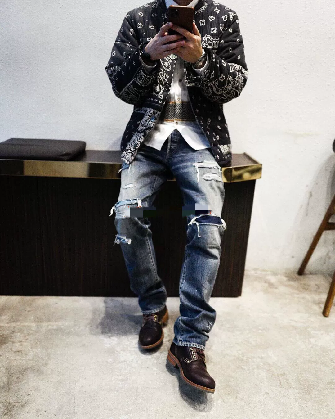 VISVIM Distressed Straight Blue Jeans — detail