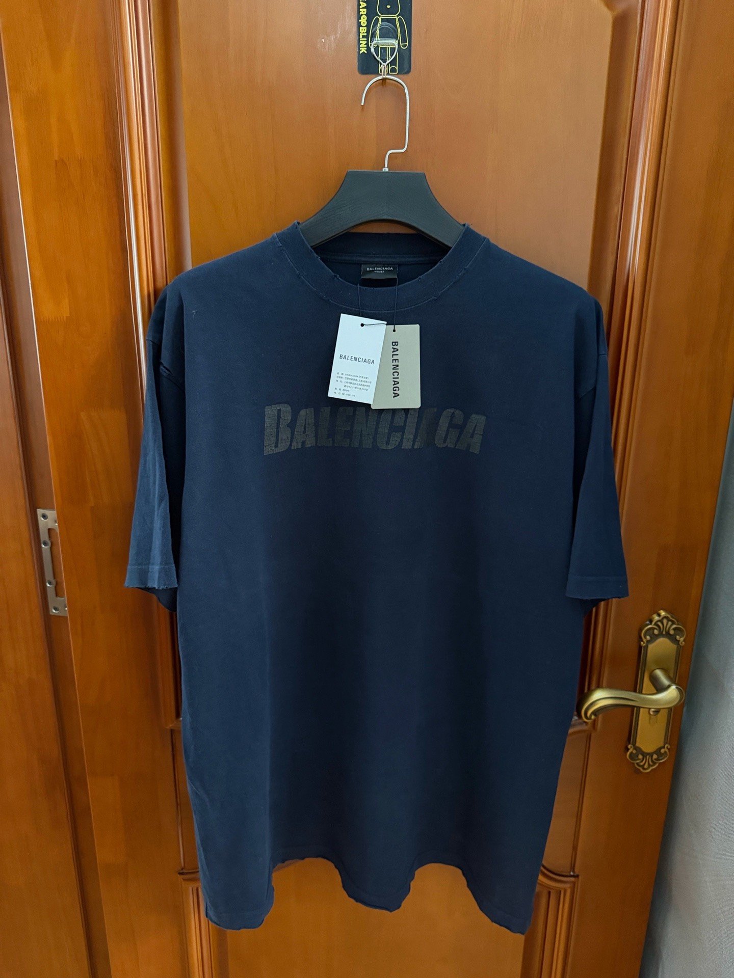 Balenciaga Dark Blue Distressed Logo T - Shirt