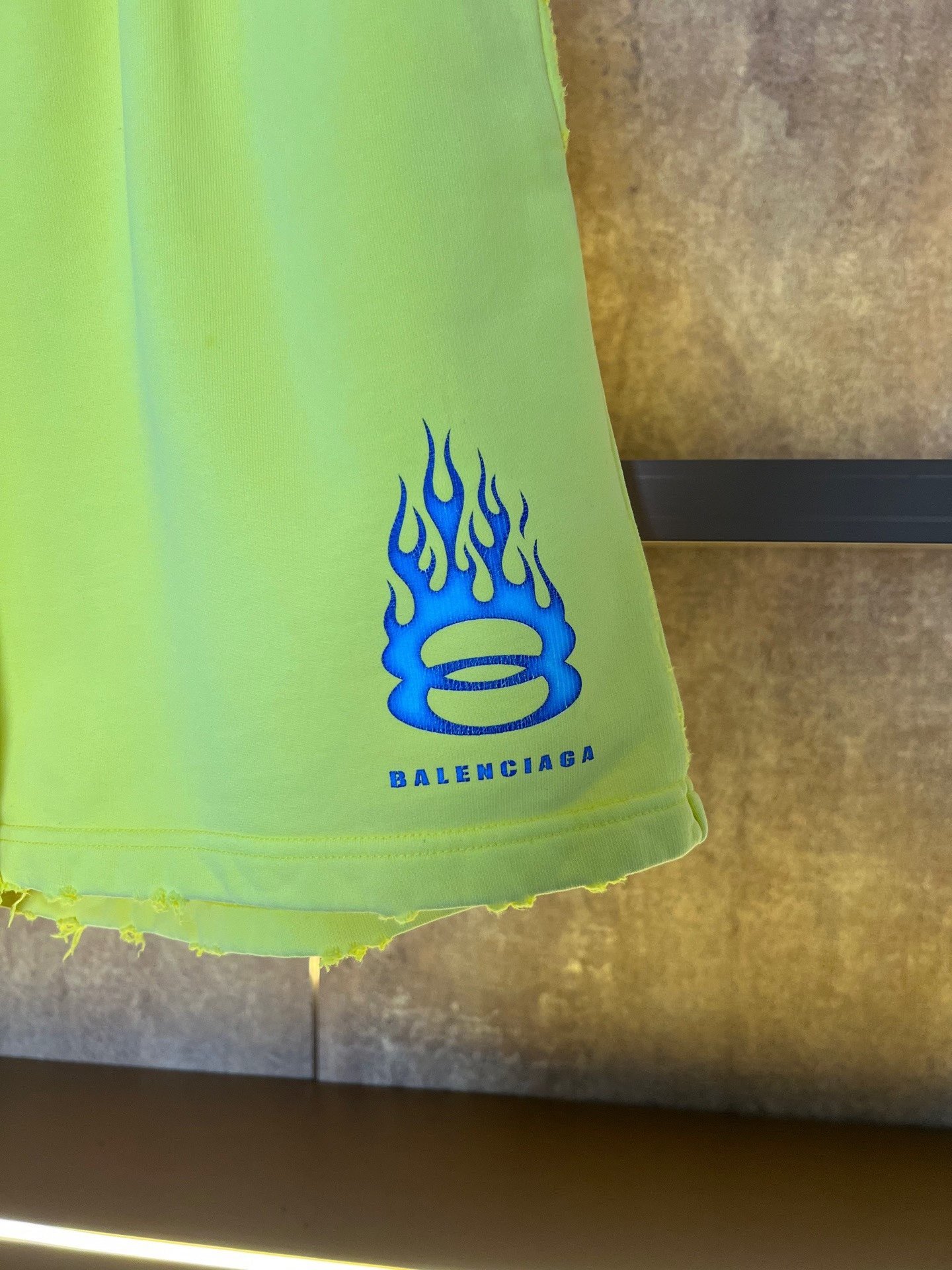 Balenciaga Fluorescent Yellow Flame Shorts — detail