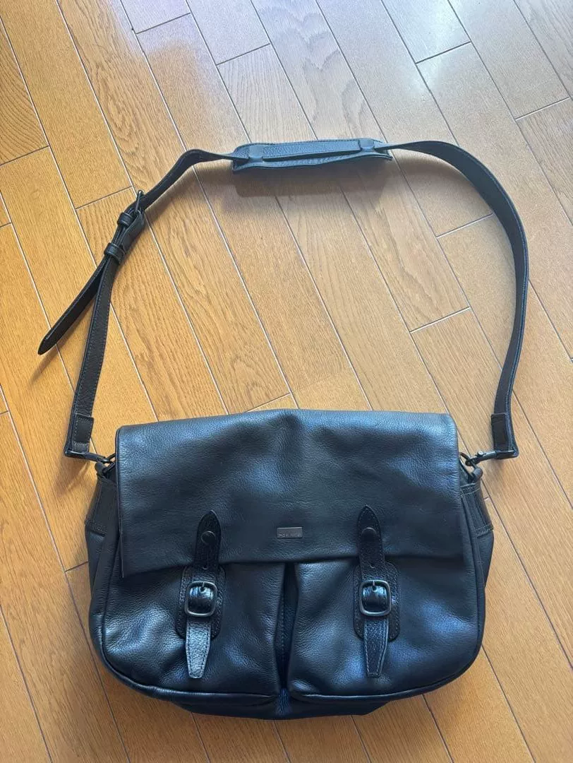 PCBY PORTER Black Leather Messenger Bag — front