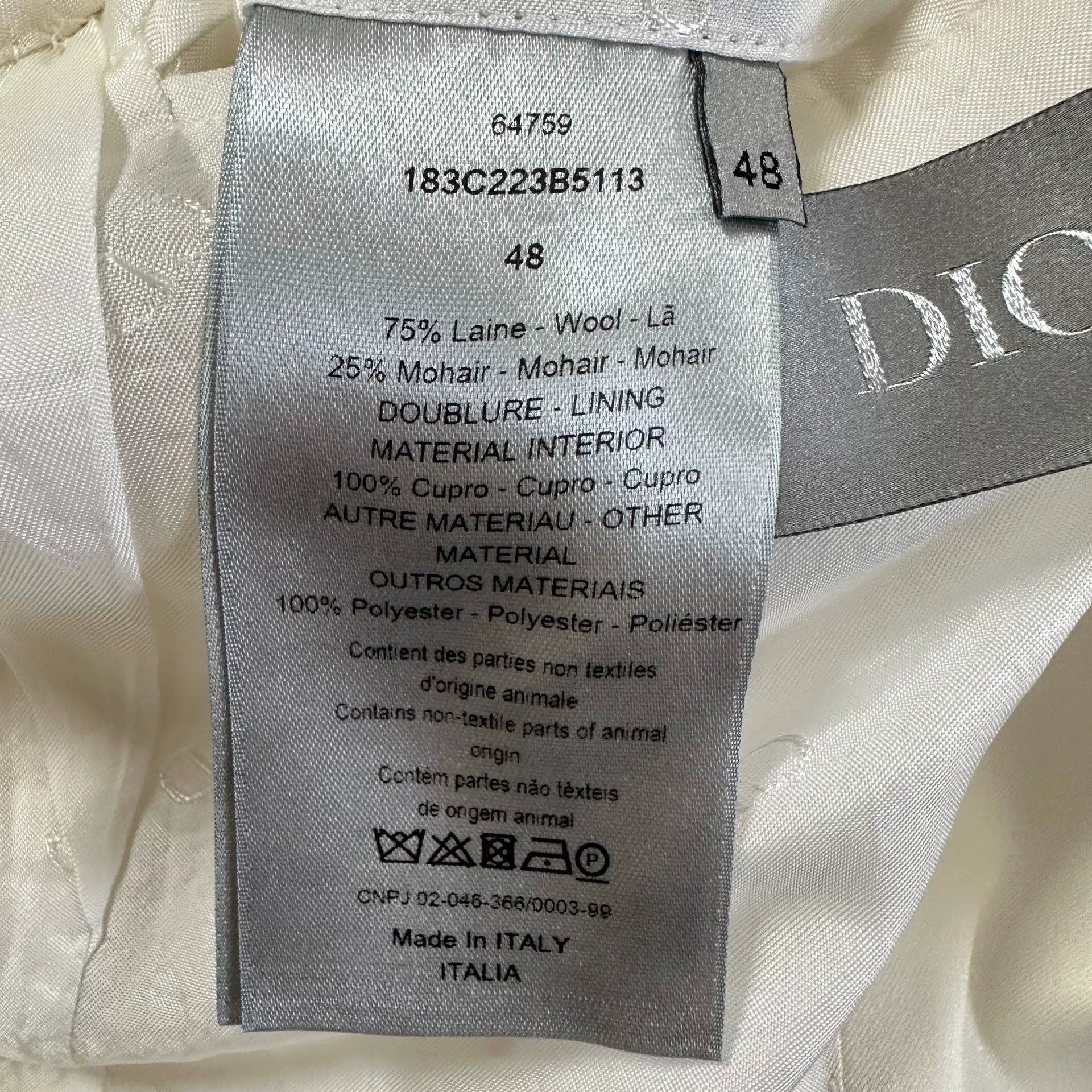 Dior White Asymmetric Satin Lapel Blazer — label