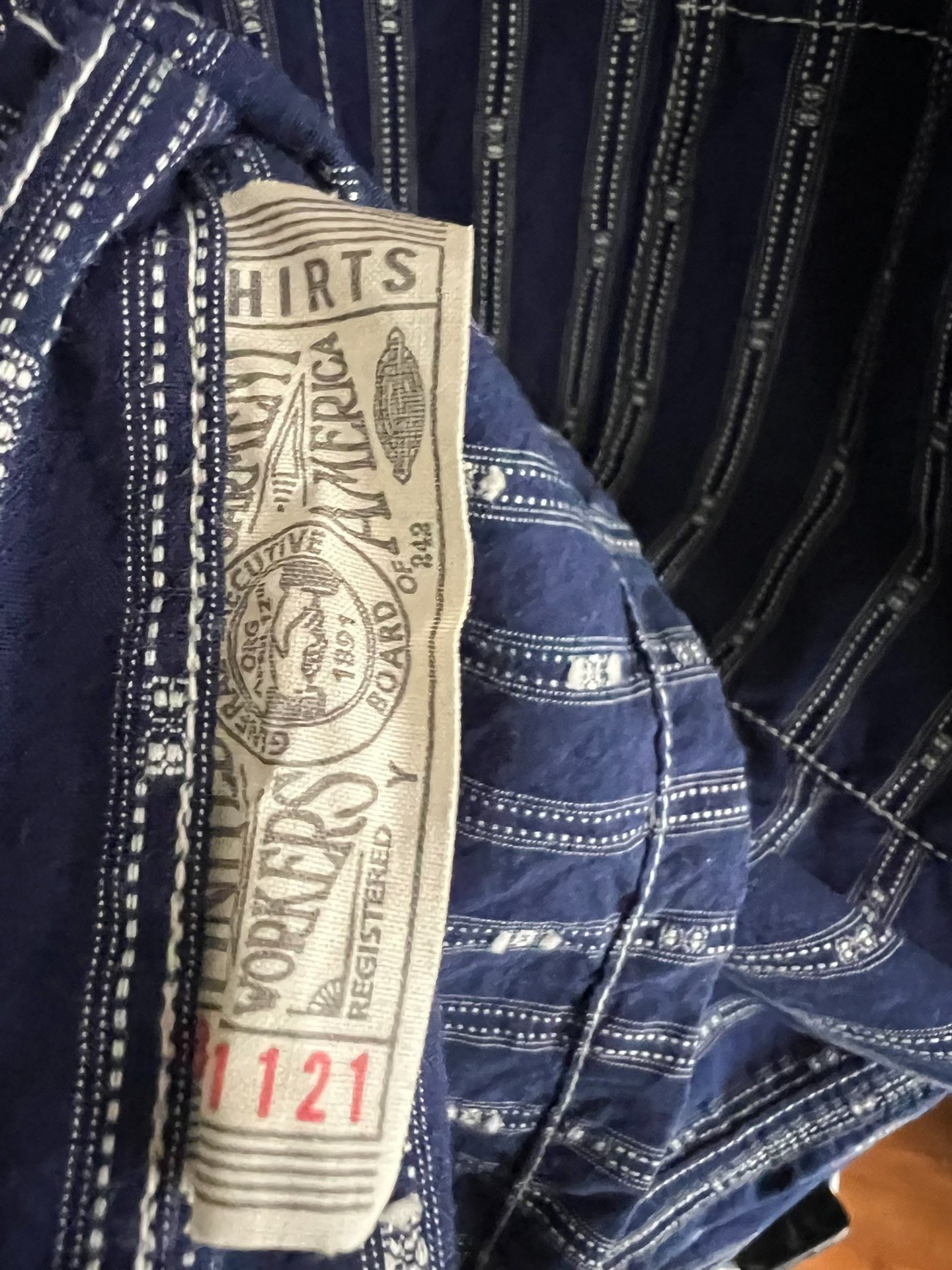 Freewheelers Vintage Indigo Stripe Crew Shirt — label