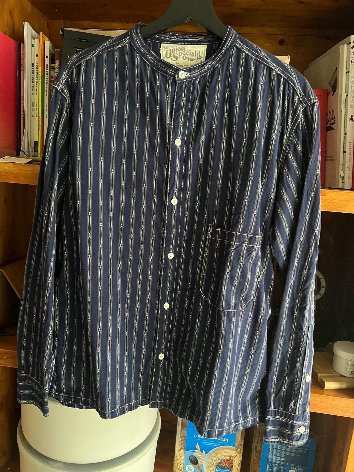 Freewheelers Vintage Indigo Stripe Crew Shirt — detail