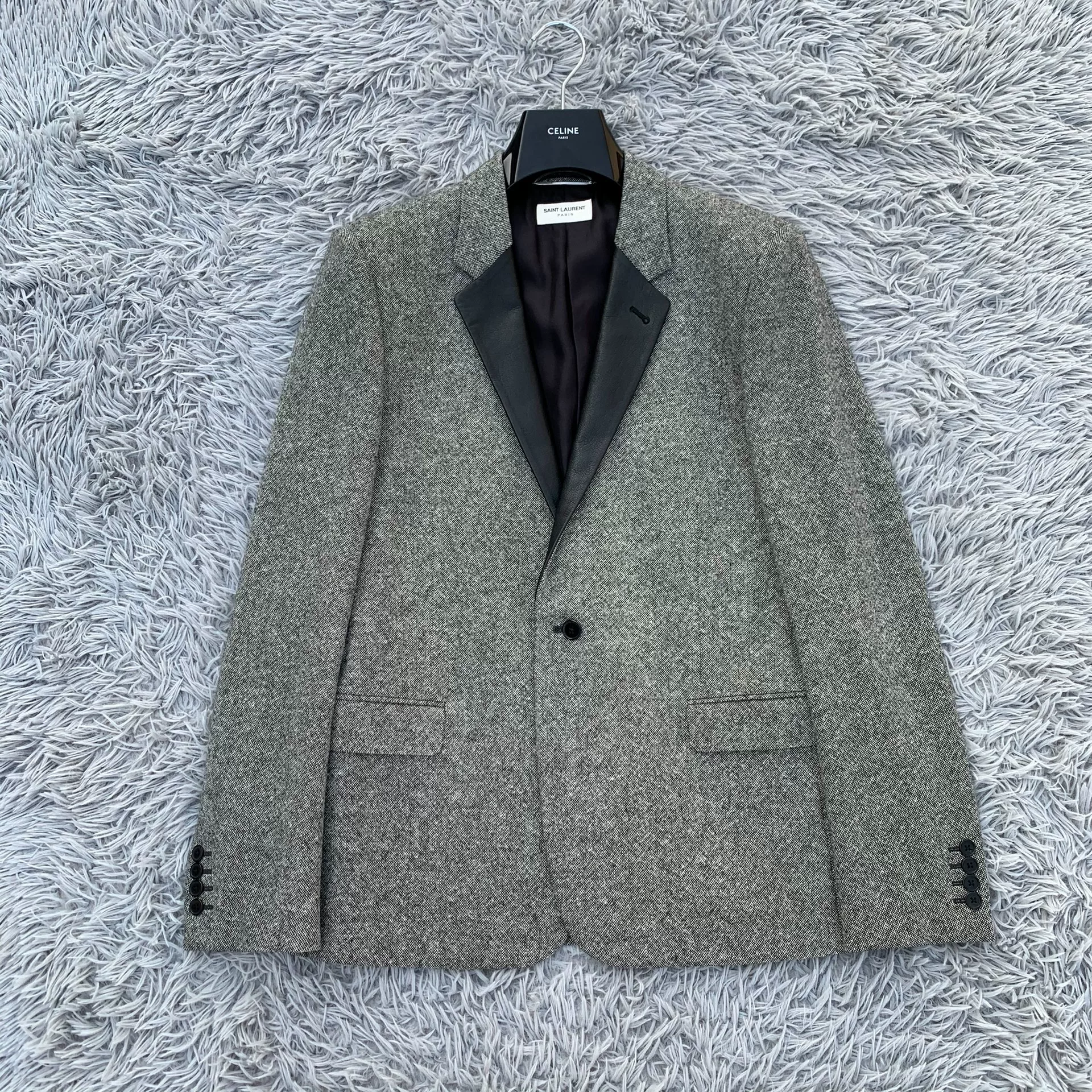 Saint Laurent Gray Wool Leather Collar Blazer