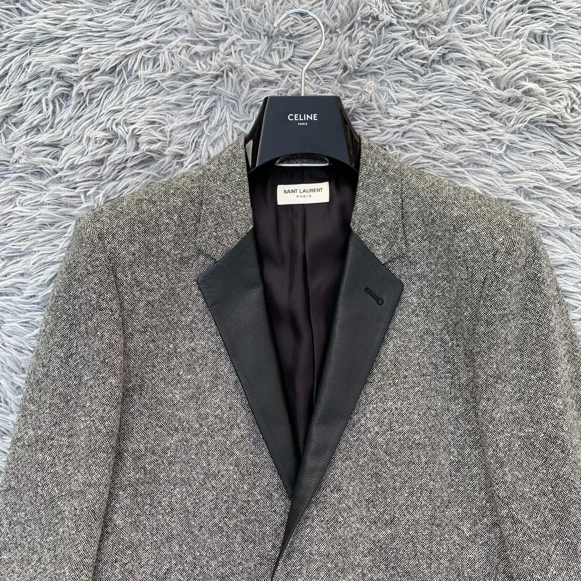 Saint Laurent Gray Wool Leather Collar Blazer — front