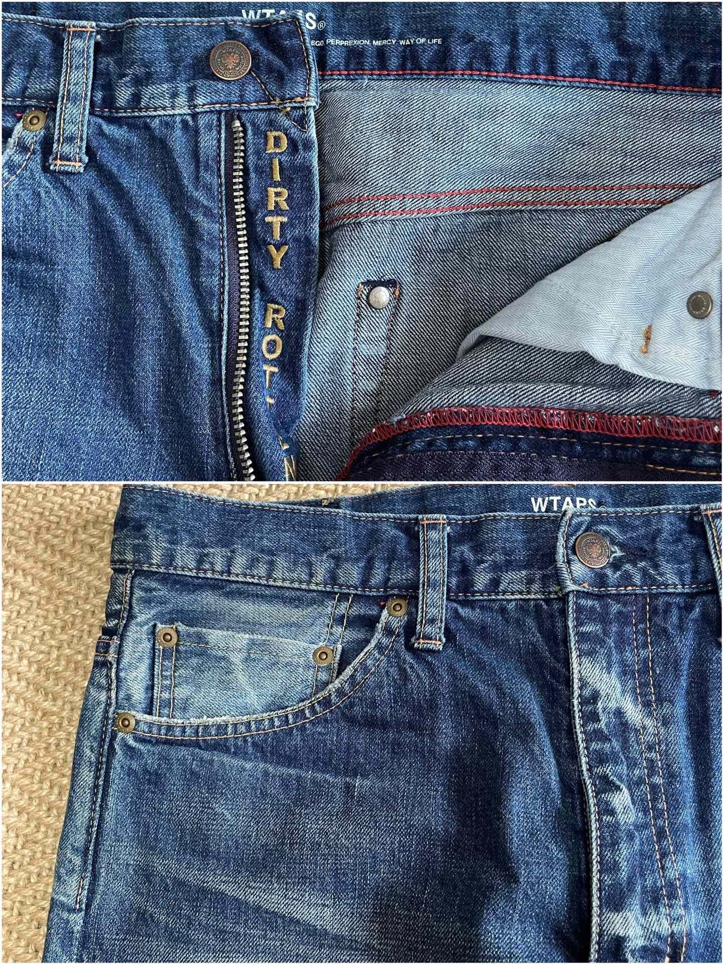 WTAPS Blue Skinny Distressed Jeans — label