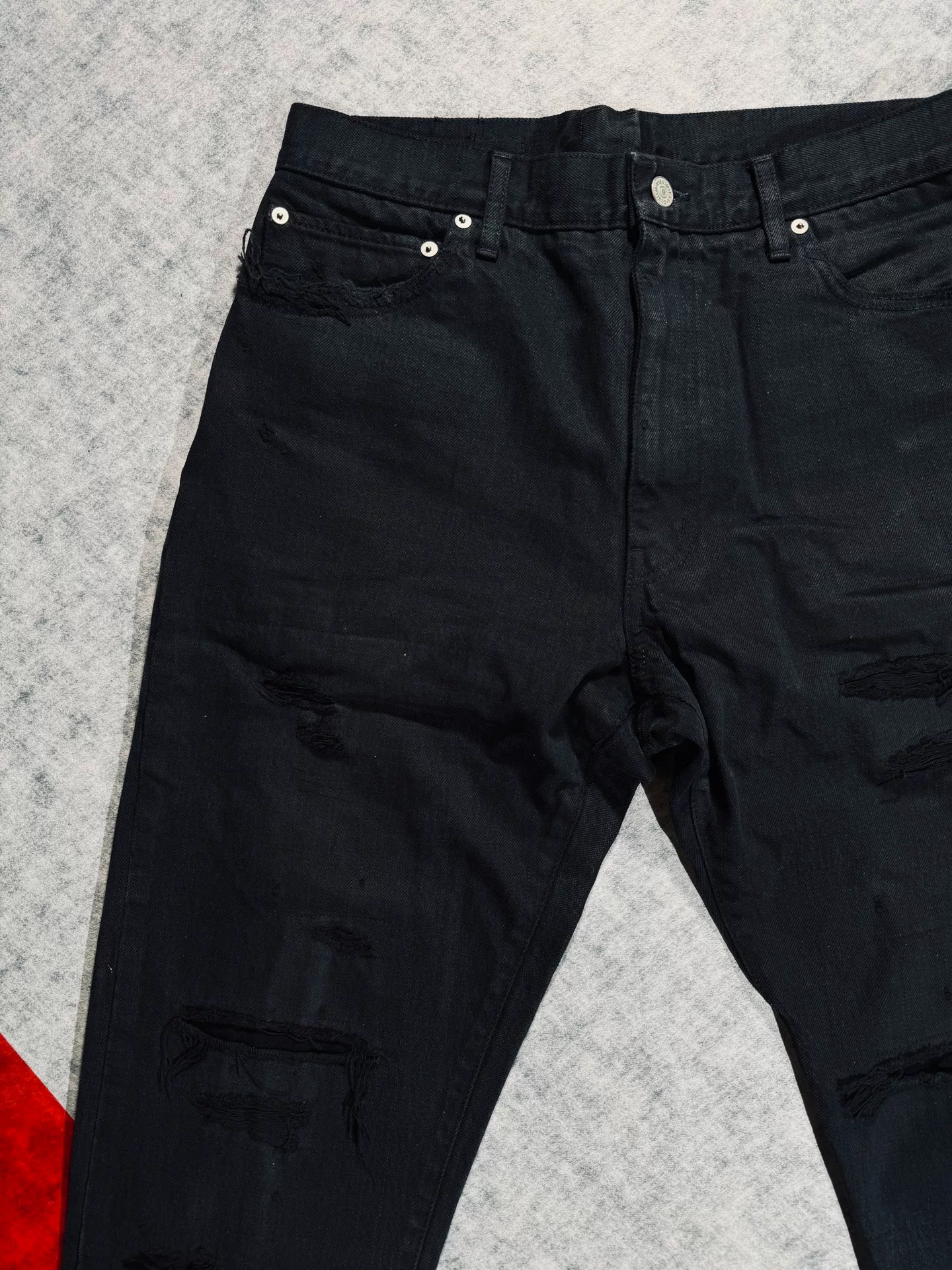 visvim Journeyman Black Tacked Crash Jeans — detail