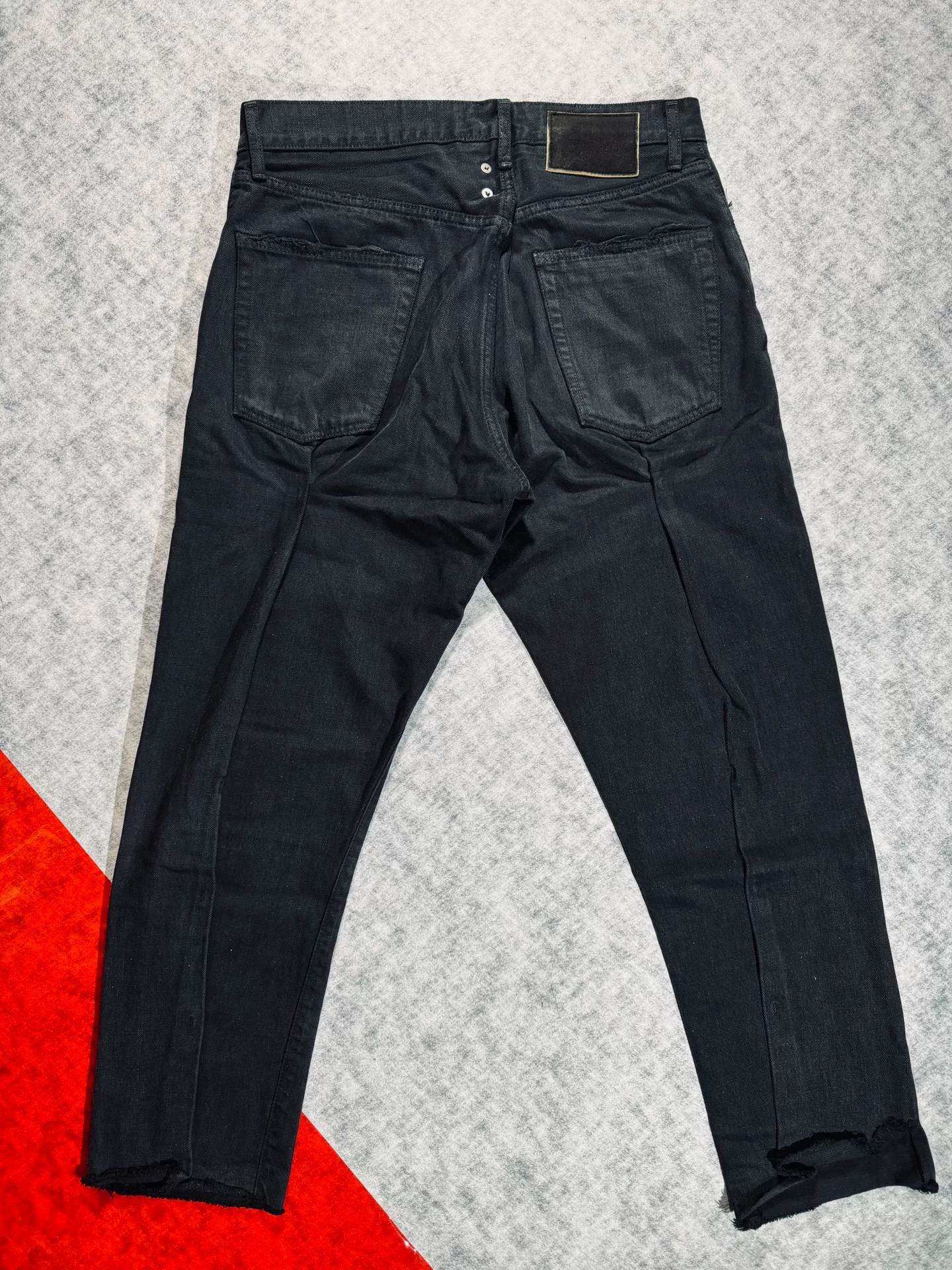 visvim Journeyman Black Tacked Crash Jeans — front