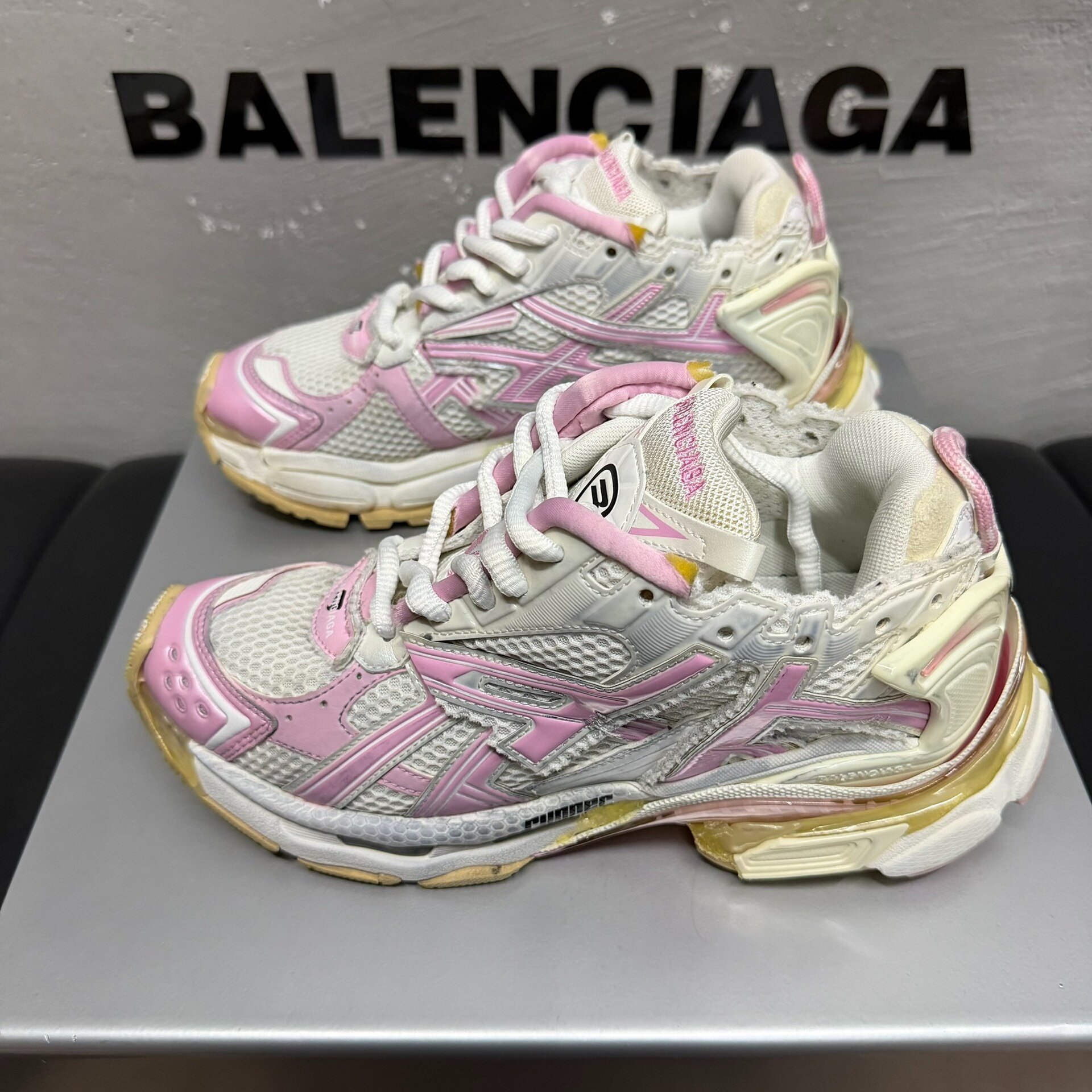 Balenciaga Runner Pink White Distressed Dad Sneakers — detail
