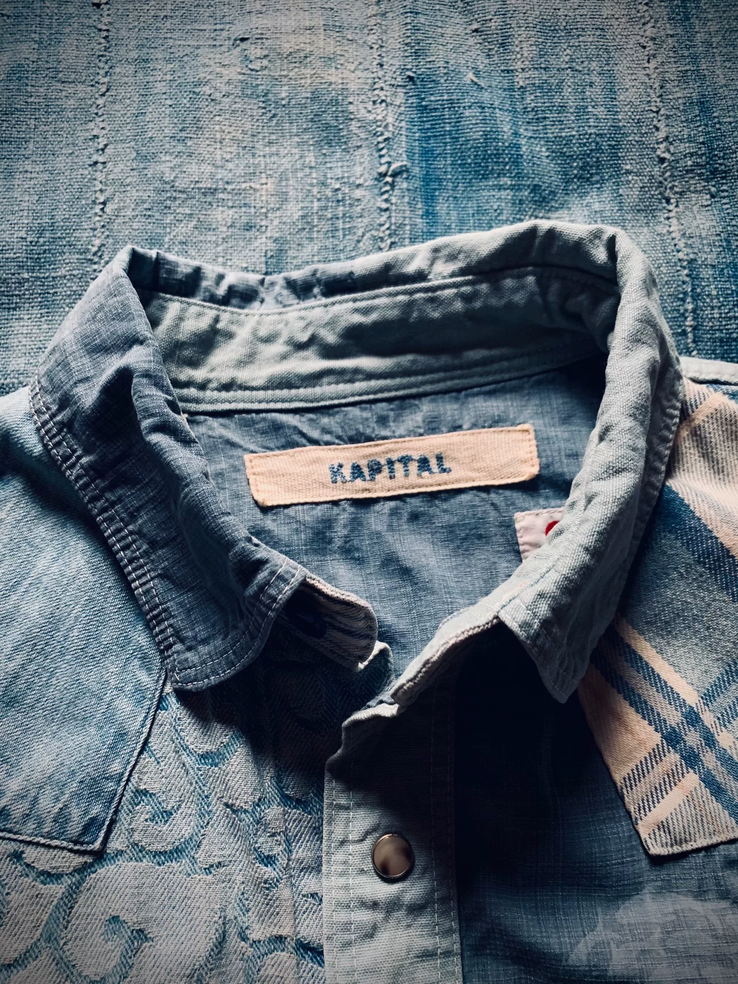 Kapital Veggie Dye Patchwork Denim Shirt — detail