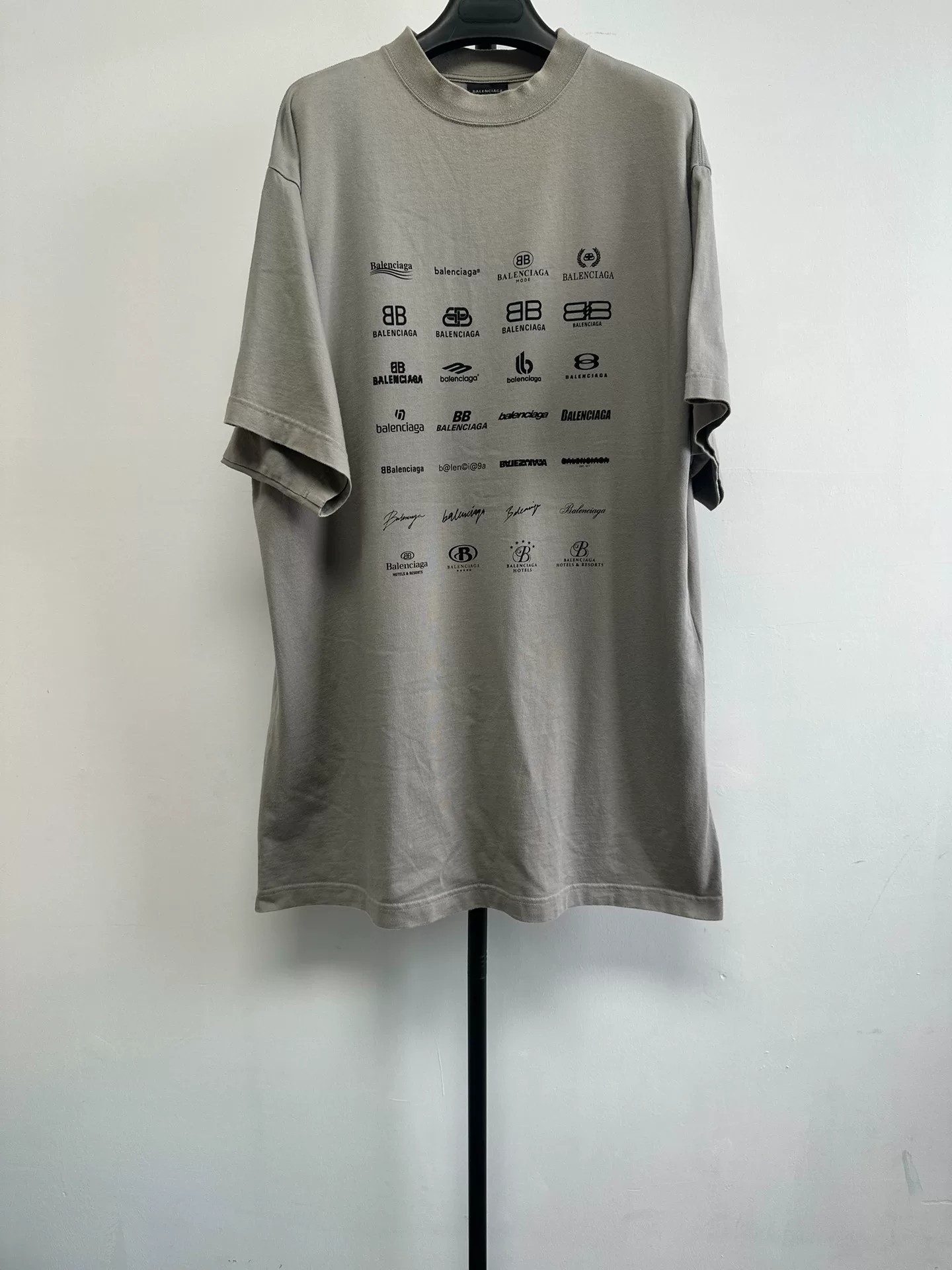 Balenciaga Gray Logo Print Crew Neck T-Shirt