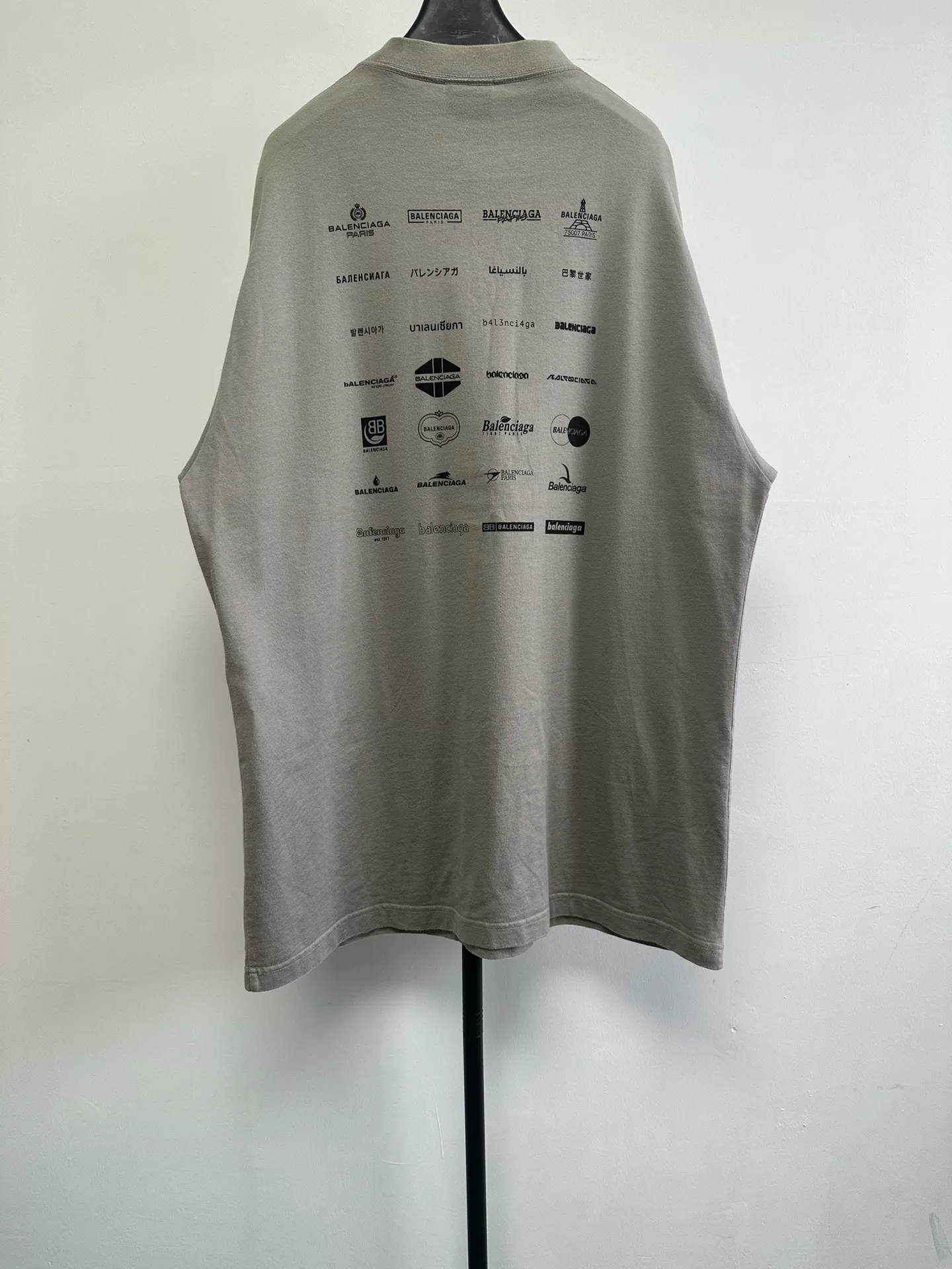 Balenciaga Gray Logo Print Crew Neck T-Shirt — front