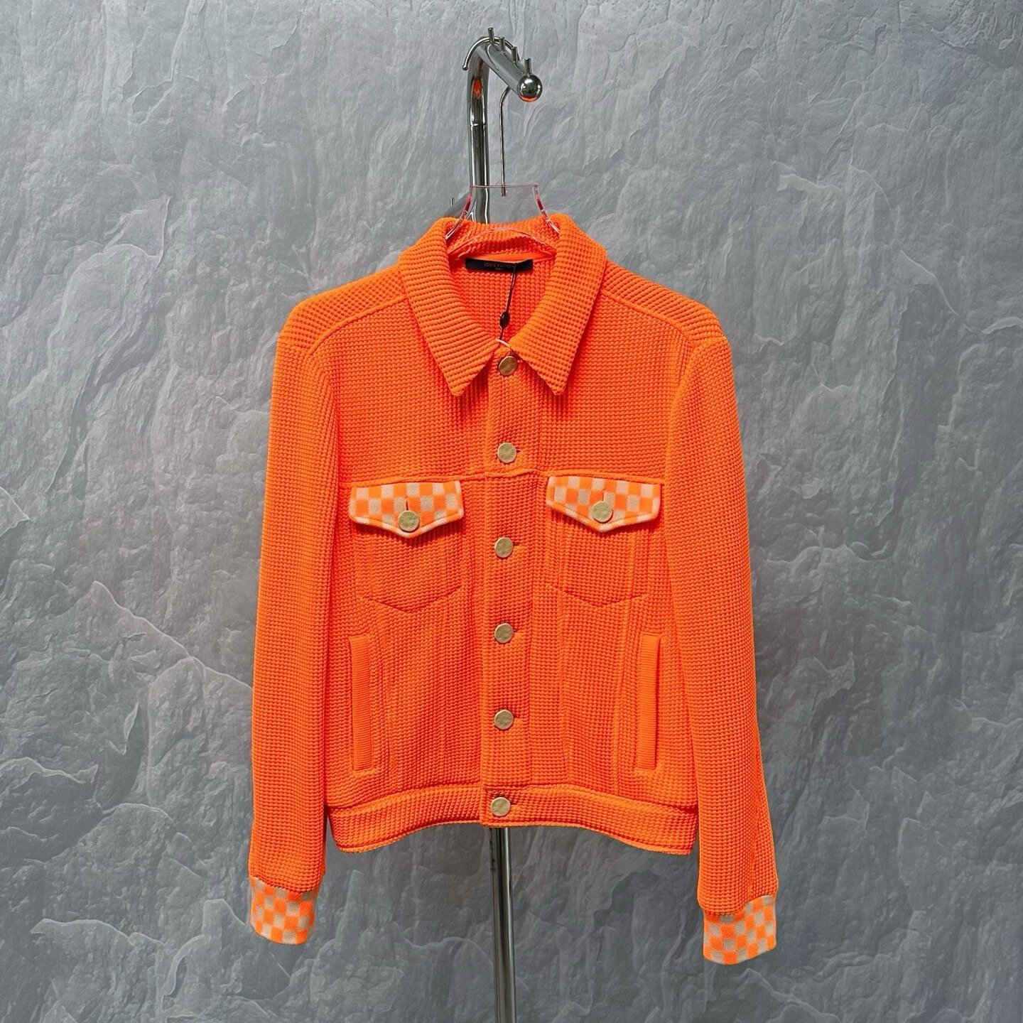 Louis Vuitton Fluorescent Orange Checkerboard Knit Jacket XS
