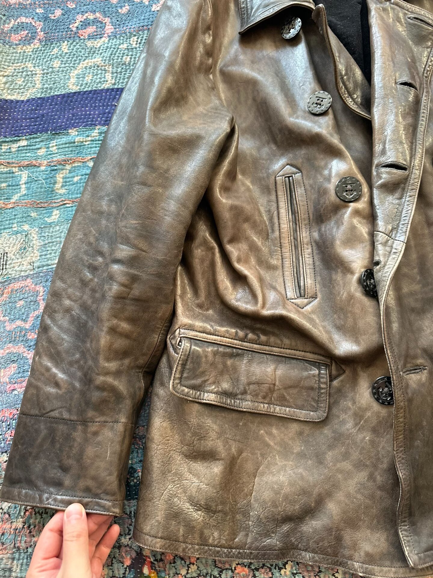 RRL Brown Distressed Leather Coat — label