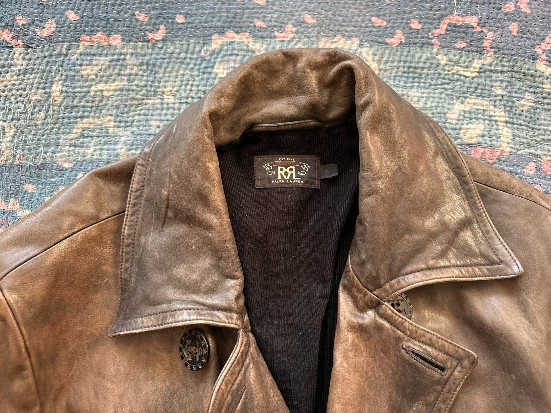 RRL Brown Distressed Leather Coat — detail