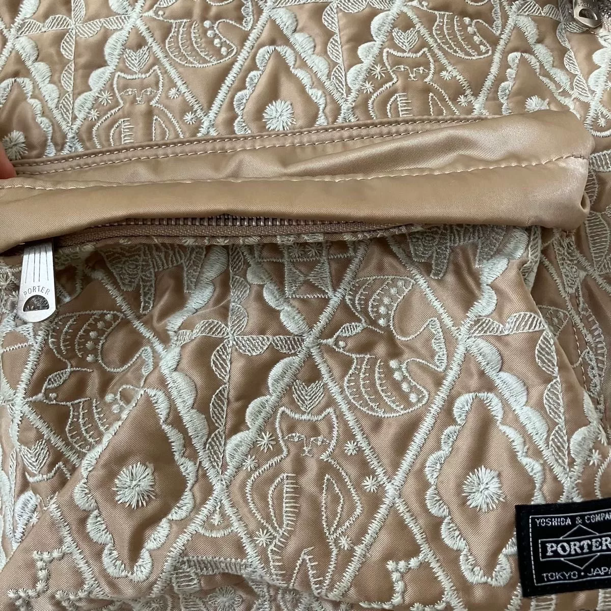 Porter x Mina Perhonen Beige Embroidered Backpack — back