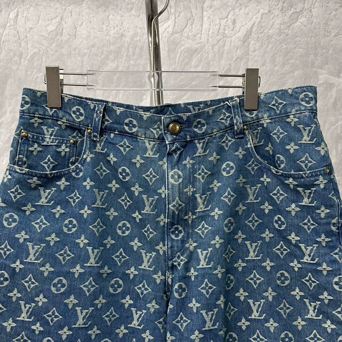 Louis Vuitton SS26 Logo All-Over Denim Shorts — detail