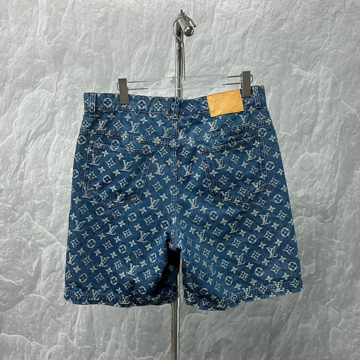 Louis Vuitton SS26 Logo All-Over Denim Shorts — label